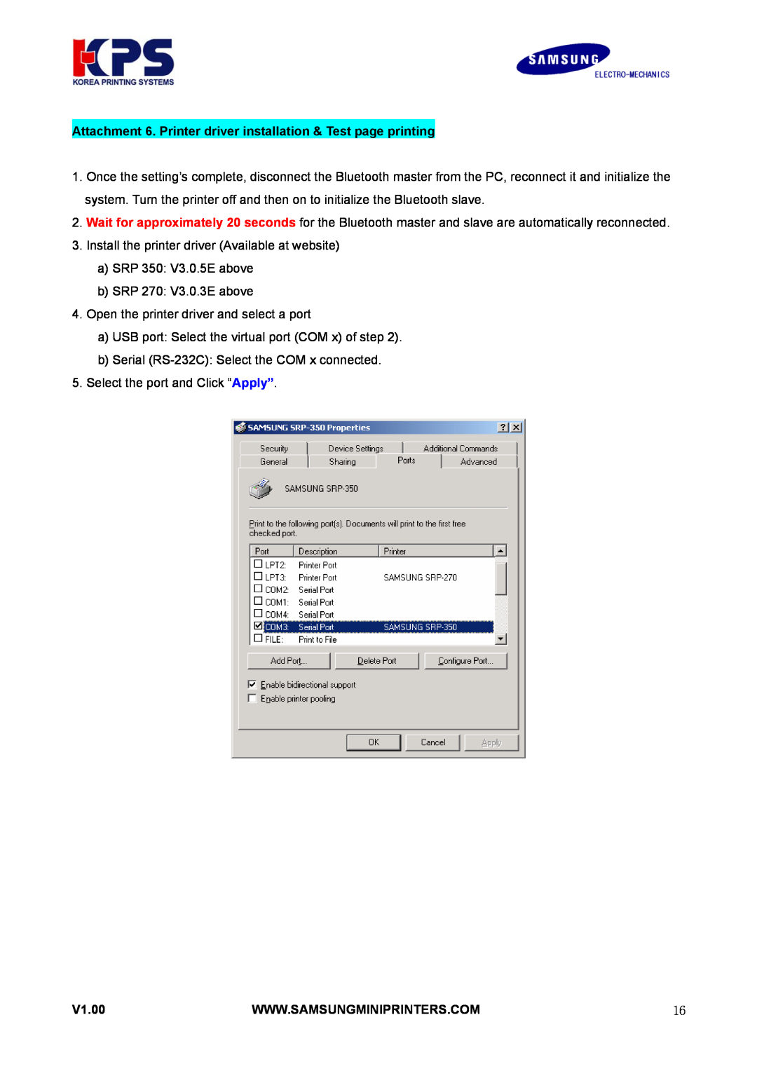 Samsung RIF-BT10 user manual Attachment 6. Printer driver installation & Test page printing, V1.00 
