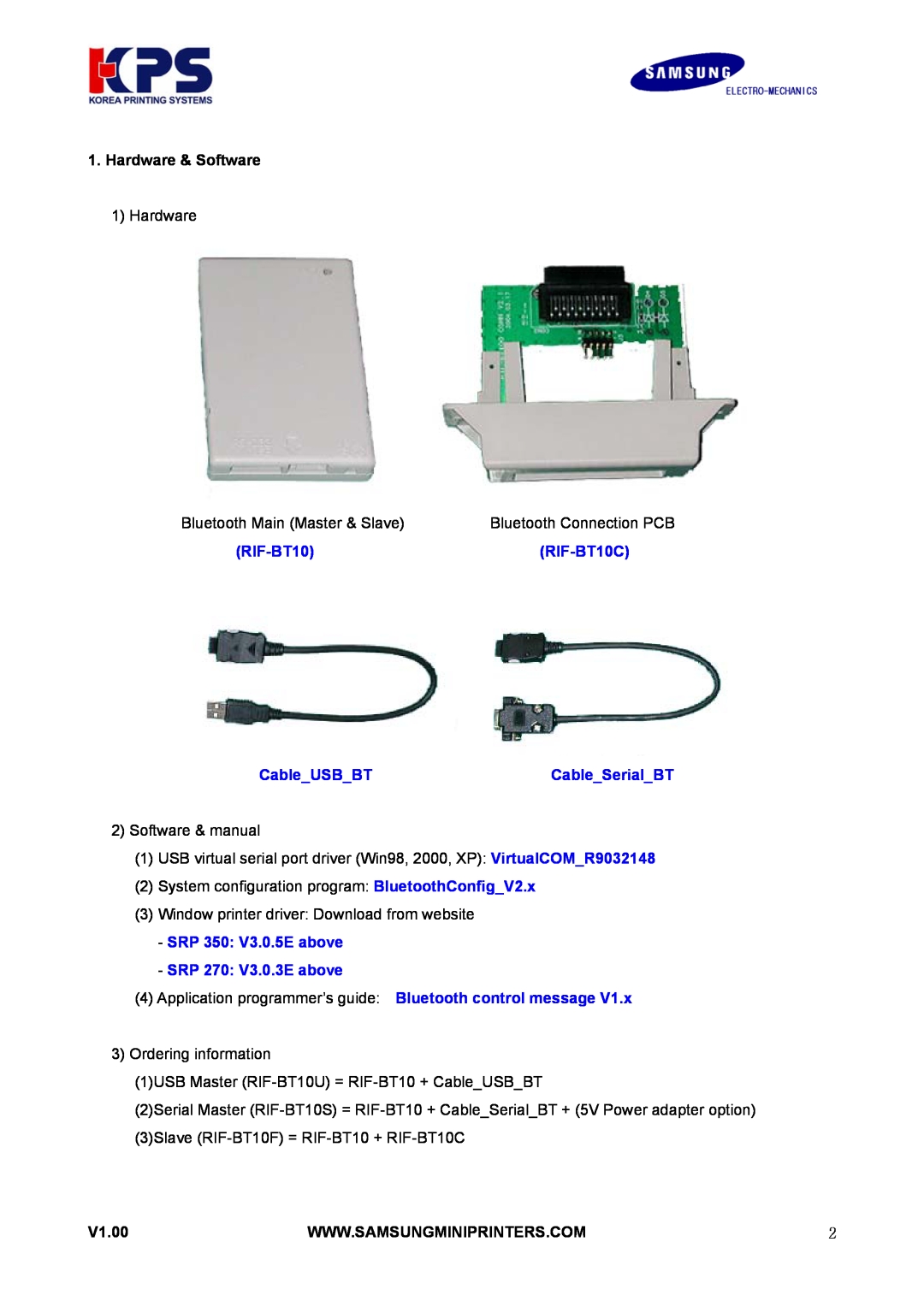 Samsung user manual RIF-BT10C, CableUSBBTCableSerialBT, SRP 350 V3.0.5E above SRP 270 V3.0.3E above 