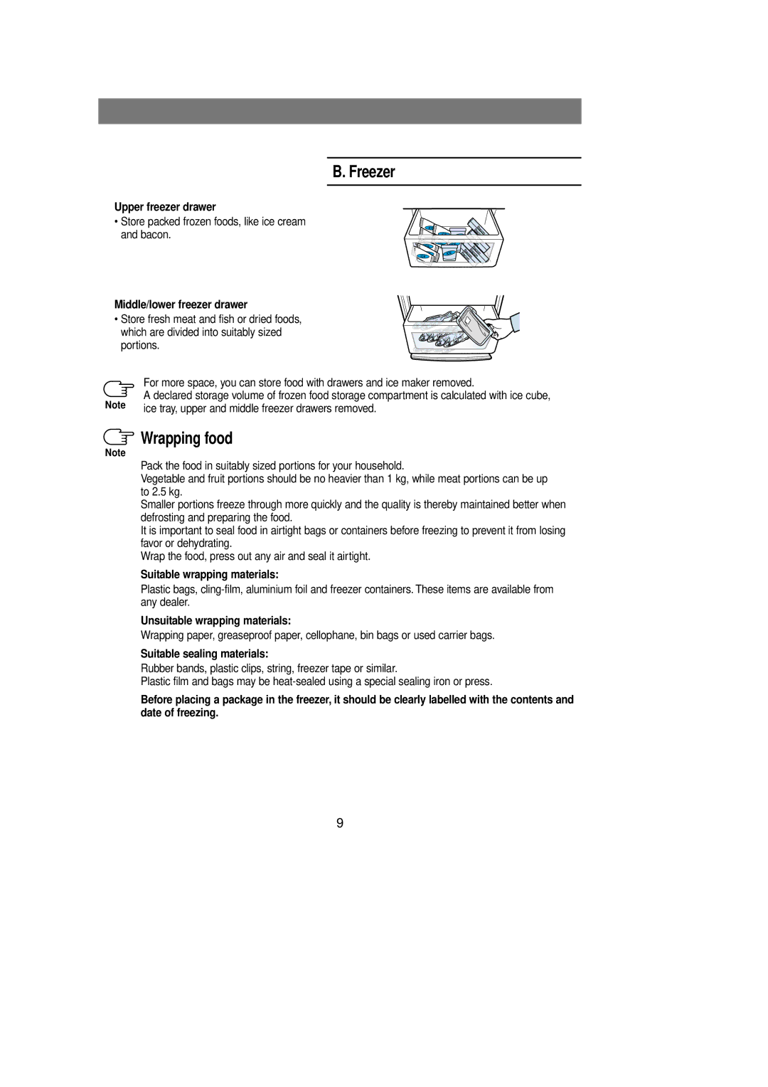 Samsung Rl 39 manual Freezer, Wrapping food 