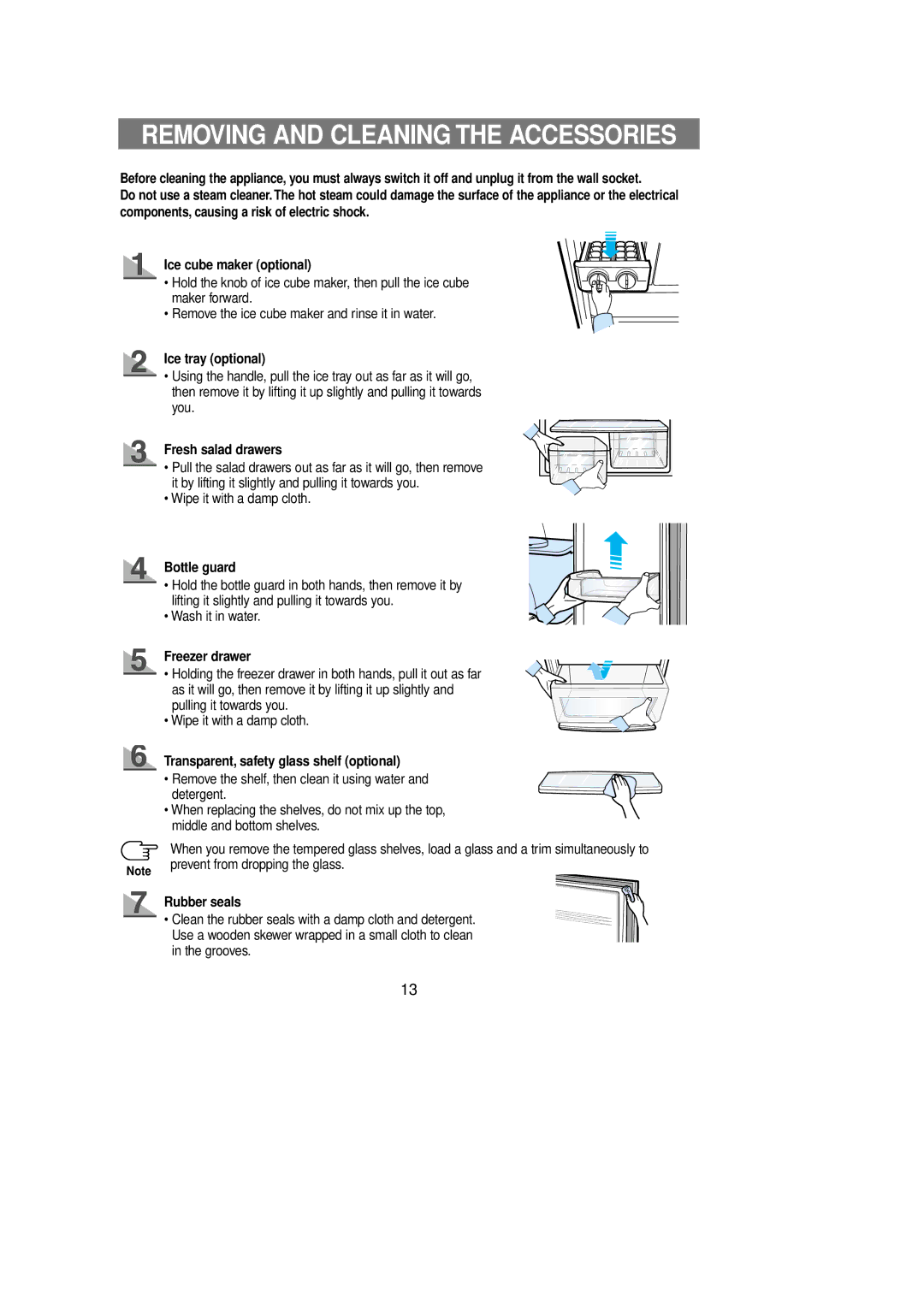 Samsung Rl 39 manual Ice tray optional, Freezer drawer, Rubber seals 