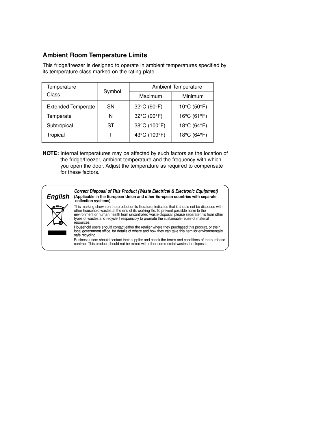 Samsung Rl 39 manual Ambient Room Temperature Limits 