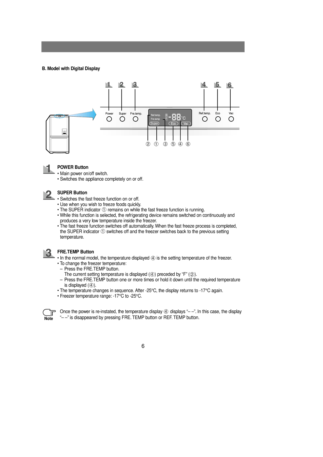 Samsung Rl 39 manual Model with Digital Display, Power Button, Super Button, FRE.TEMP Button 