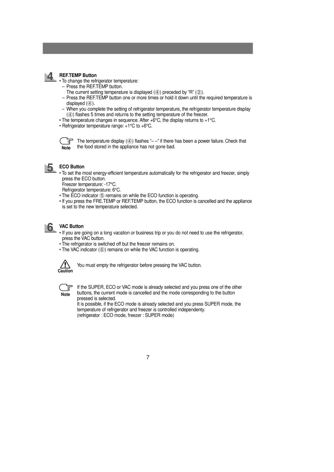 Samsung Rl 39 manual REF.TEMP Button, ECO Button, VAC Button 