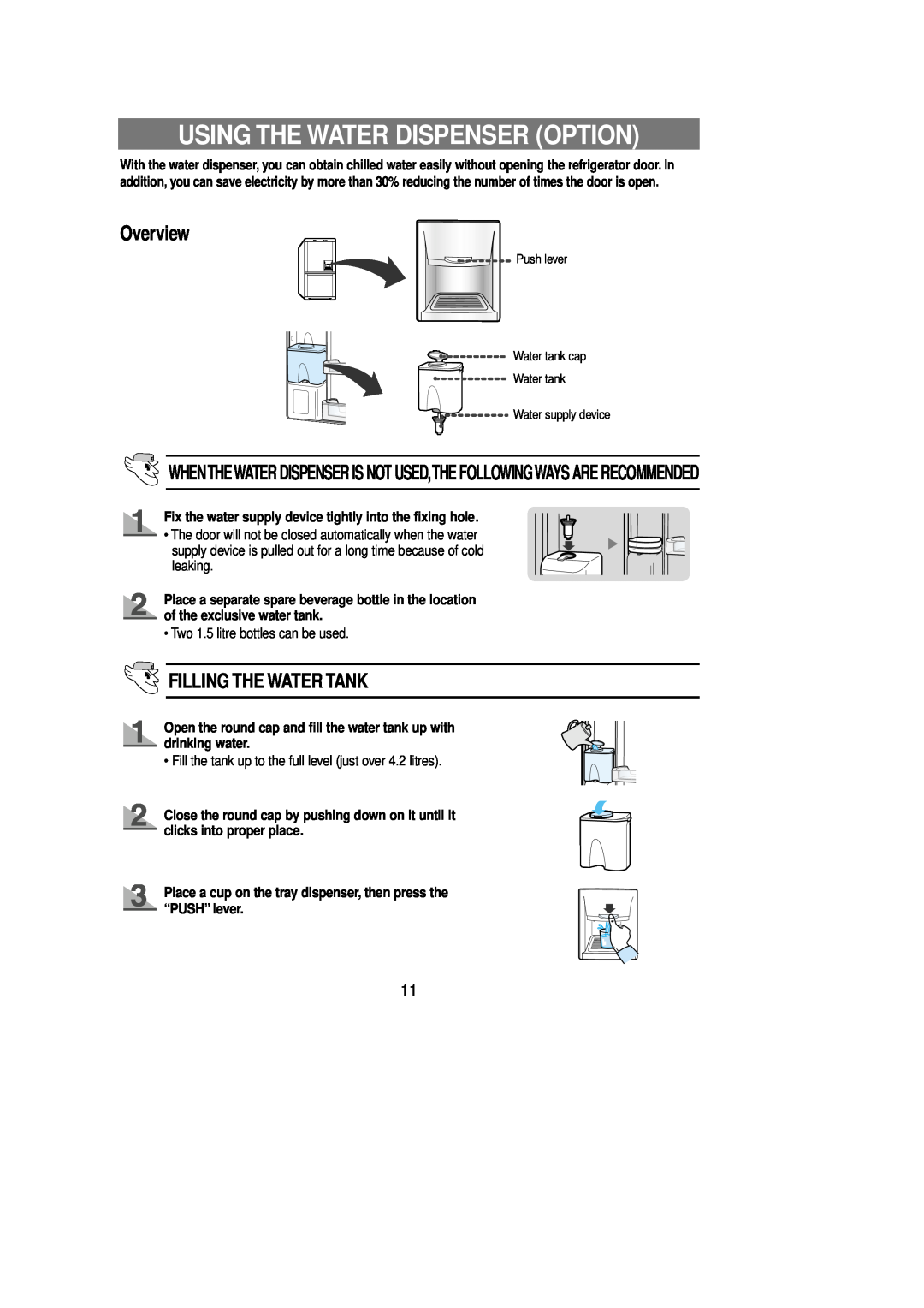 Samsung Rl 39 manual Using The Water Dispenser Option, Overview, Filling The Water Tank 