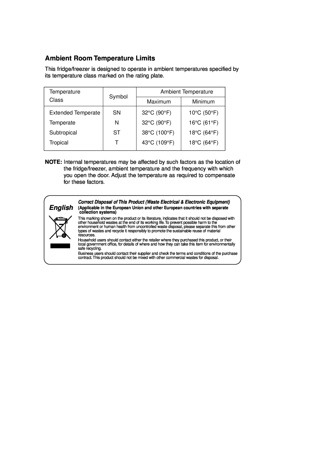 Samsung Rl 39 manual Ambient Room Temperature Limits 