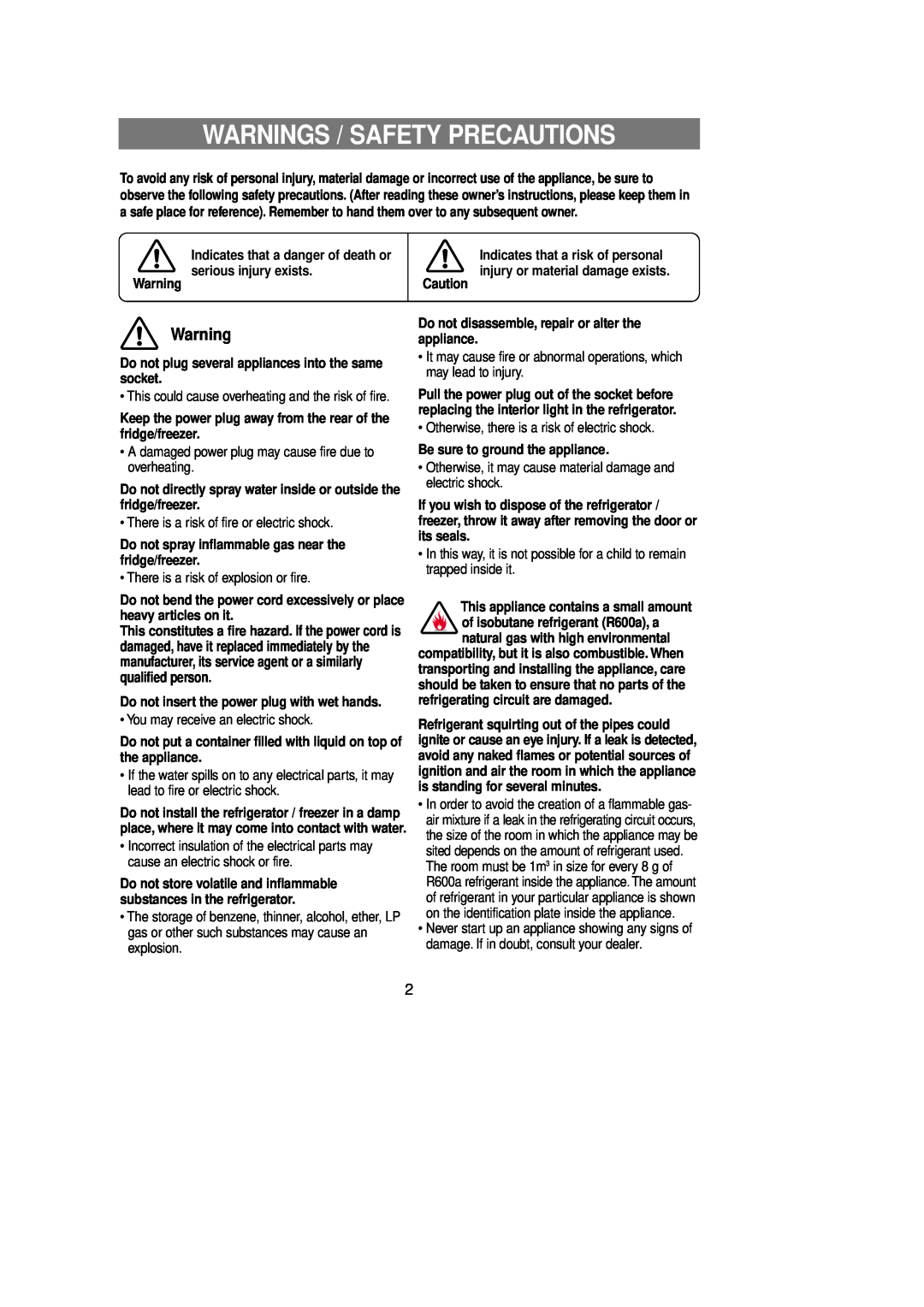 Samsung Rl 39 manual Warnings / Safety Precautions, Indicates that a danger of death or, serious injury exists. Warning 