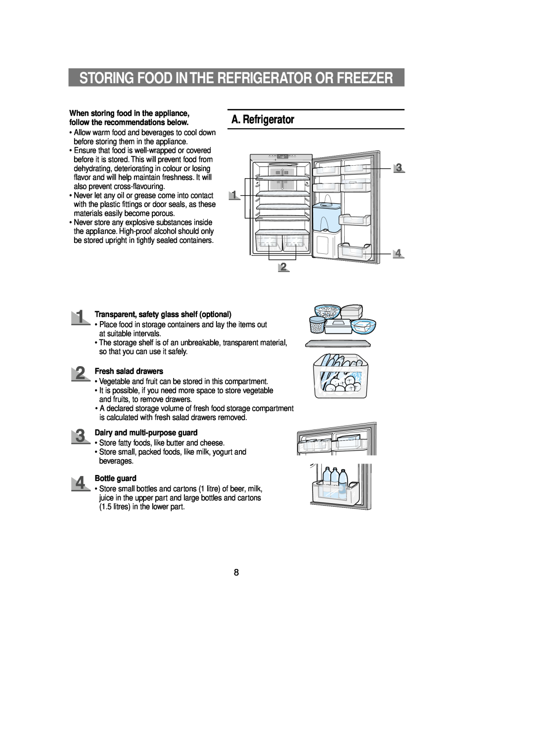 Samsung Rl 39 manual A. Refrigerator, Storing Food In The Refrigerator Or Freezer, Transparent, safety glass shelf optional 