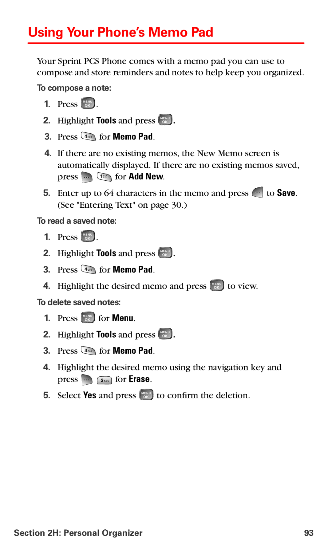 Samsung RL-A760 manual Using Your Phone’s Memo Pad, To compose a note, To read a saved note, To delete saved notes 