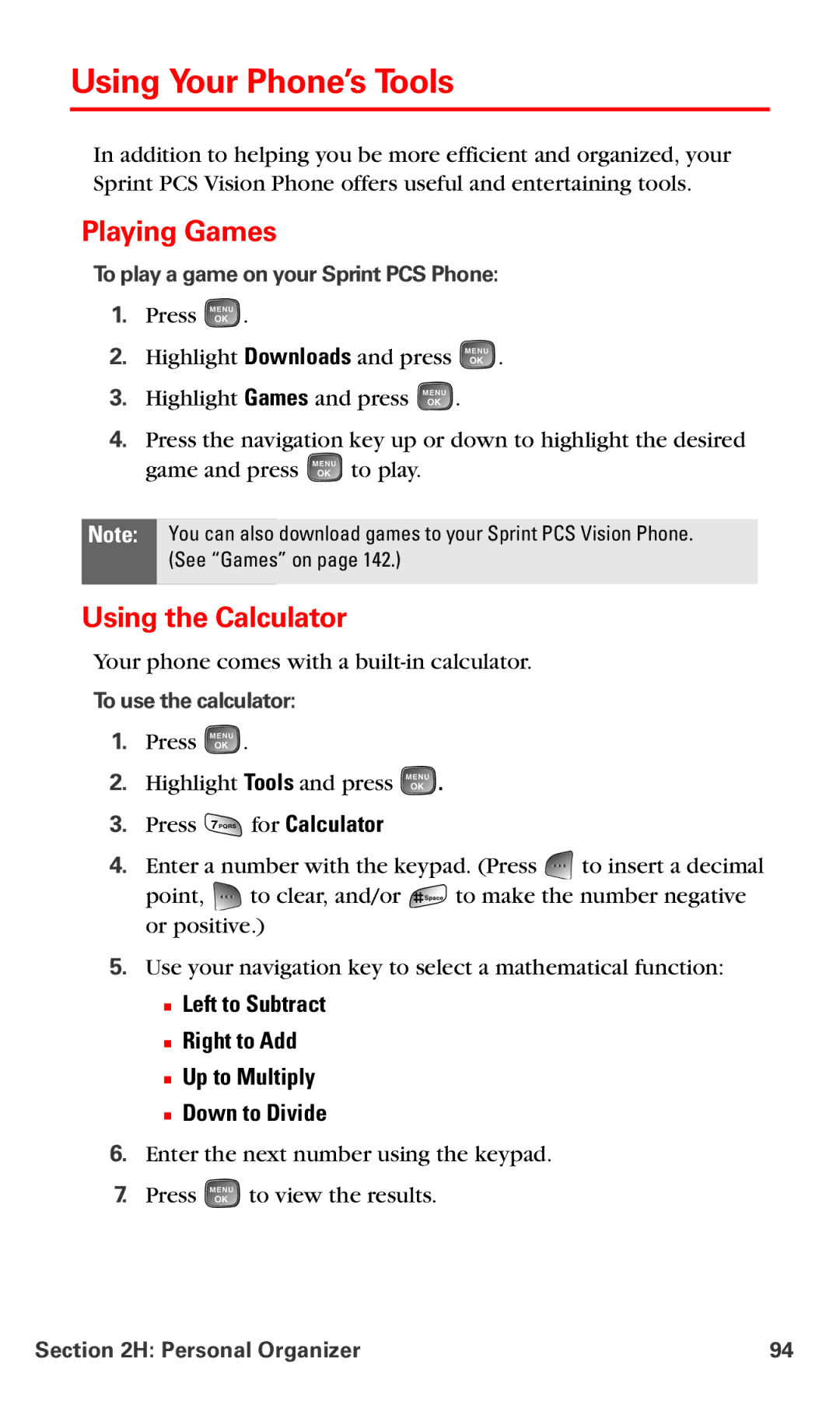 Samsung RL-A760 Using Your Phone’s Tools, Playing Games, Using the Calculator, To play a game on your Sprint PCS Phone 