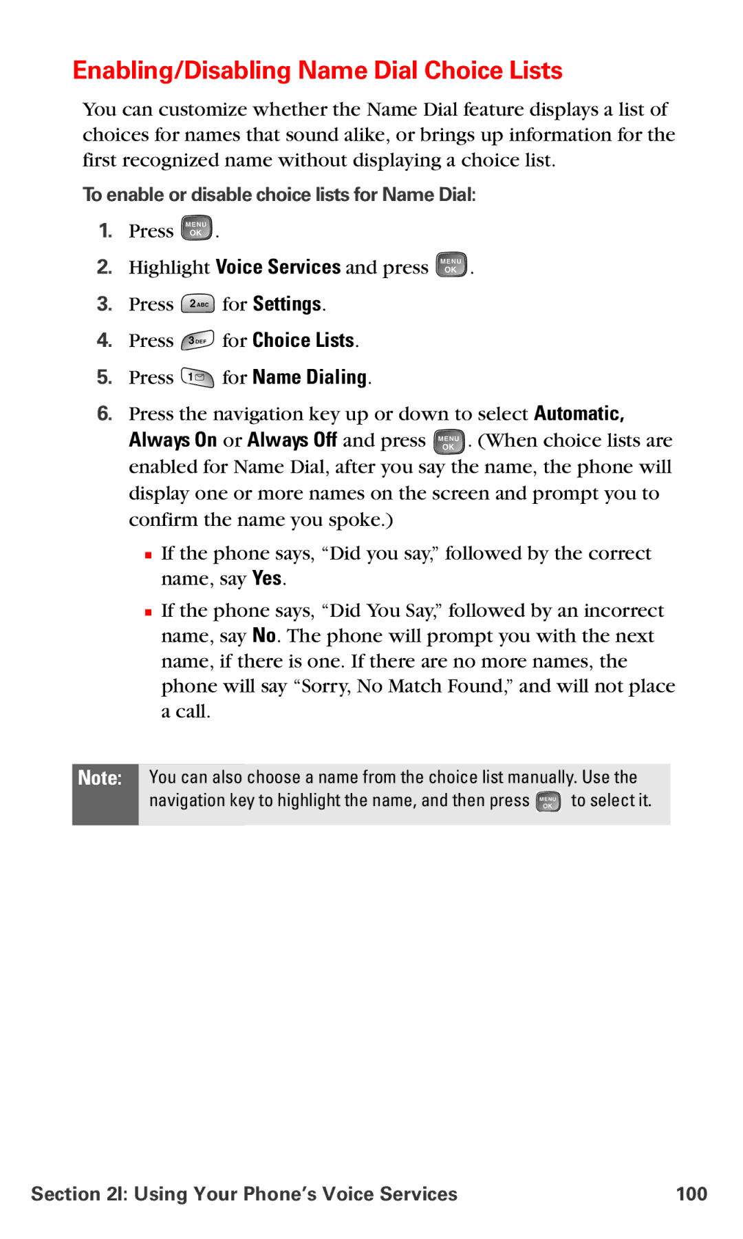 Samsung RL-A760 manual Enabling/Disabling Name Dial Choice Lists, To enable or disable choice lists for Name Dial 