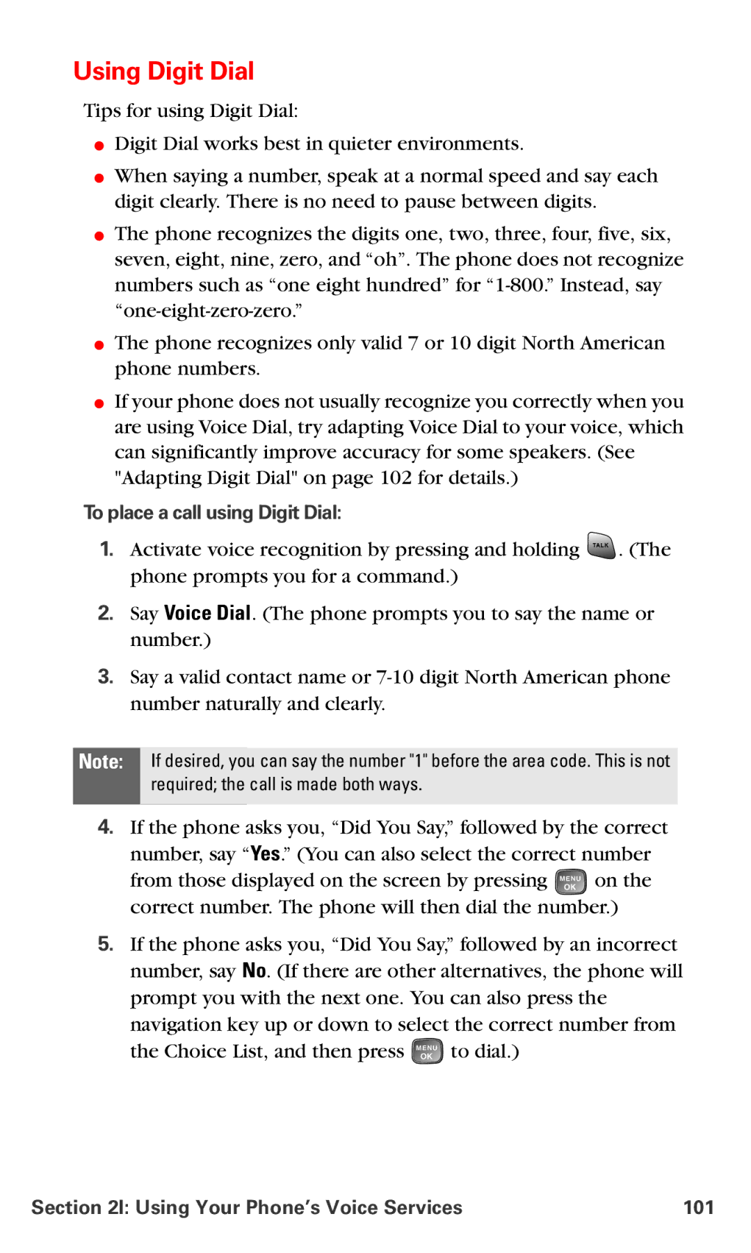 Samsung RL-A760 manual Using Digit Dial, To place a call using Digit Dial, Using Your Phone’s Voice Services 101 