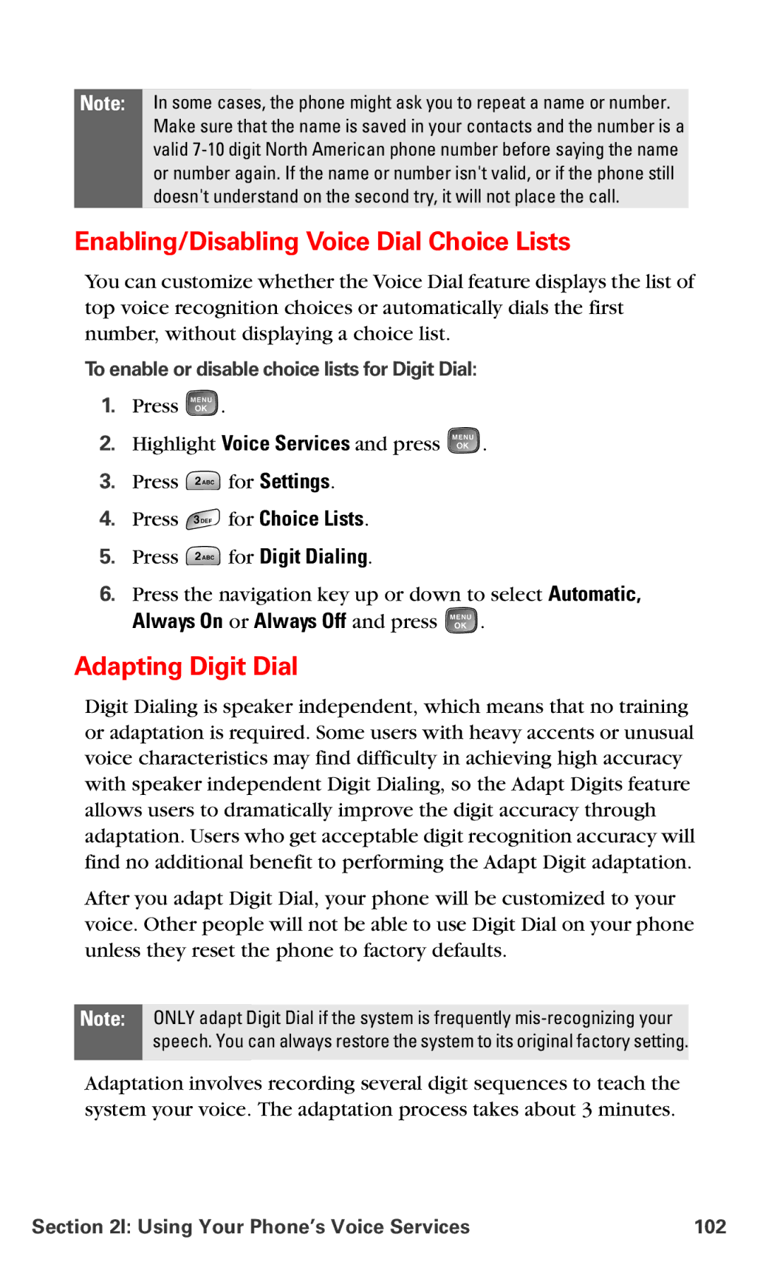 Samsung RL-A760 manual Enabling/Disabling Voice Dial Choice Lists, Adapting Digit Dial, Press for Digit Dialing 