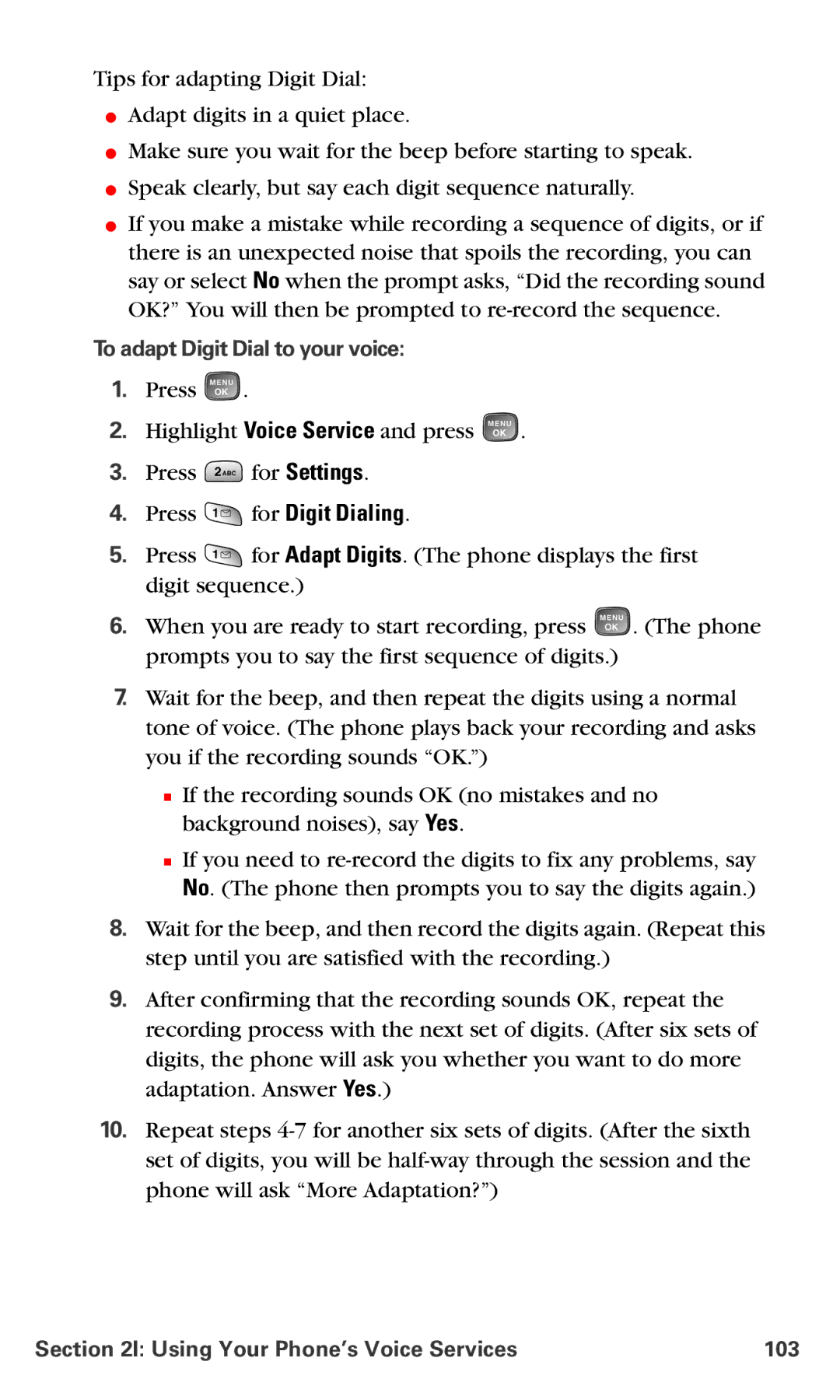 Samsung RL-A760 manual To adapt Digit Dial to your voice, Using Your Phone’s Voice Services 103 