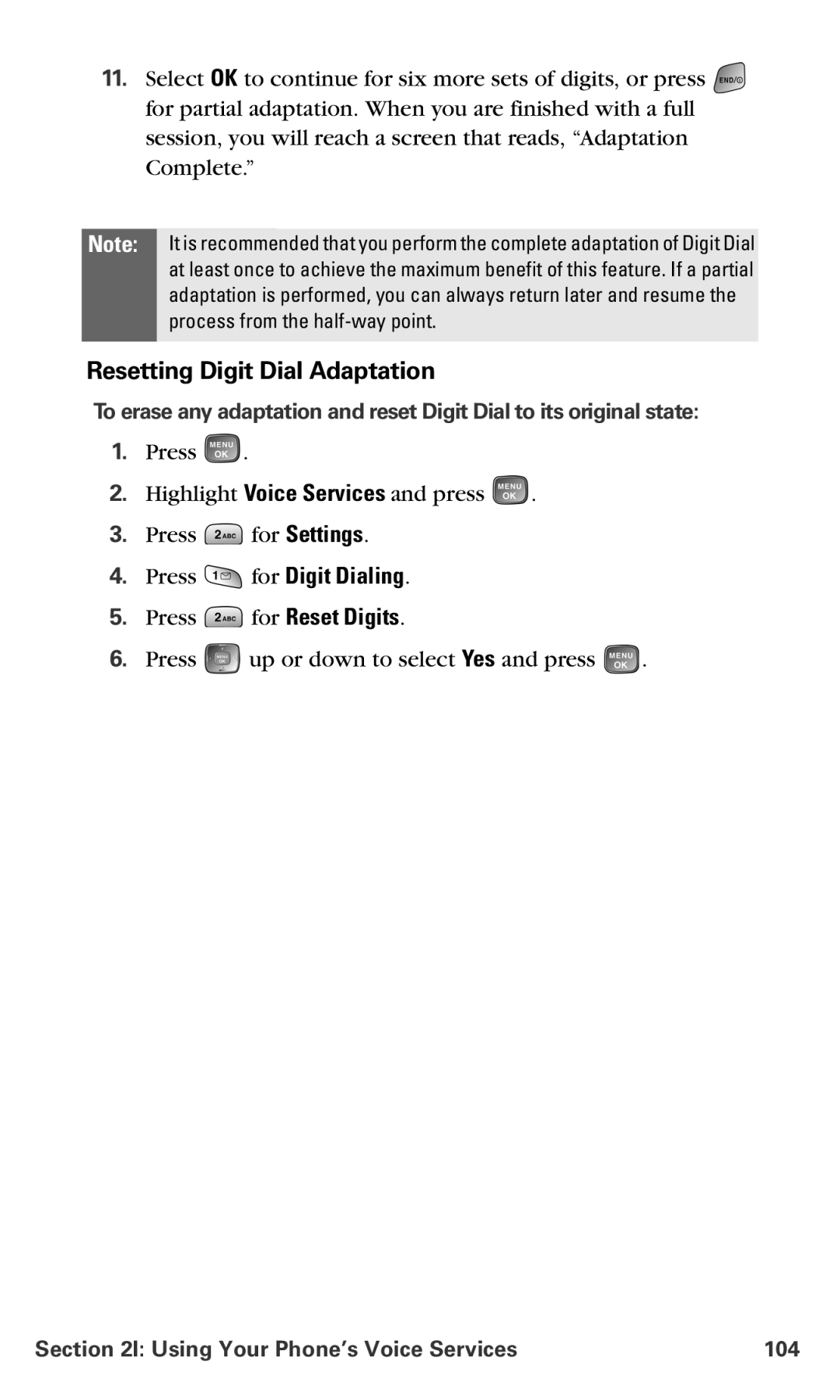 Samsung RL-A760 manual Resetting Digit Dial Adaptation, Using Your Phone’s Voice Services 104 