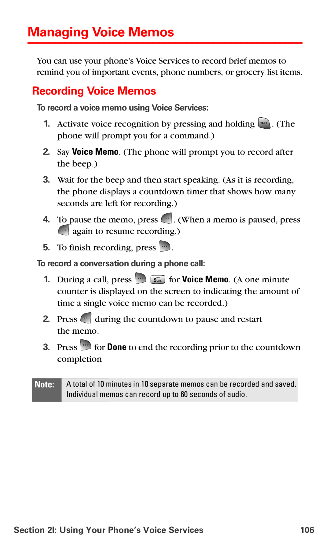 Samsung RL-A760 manual Managing Voice Memos, Recording Voice Memos, To record a voice memo using Voice Services 