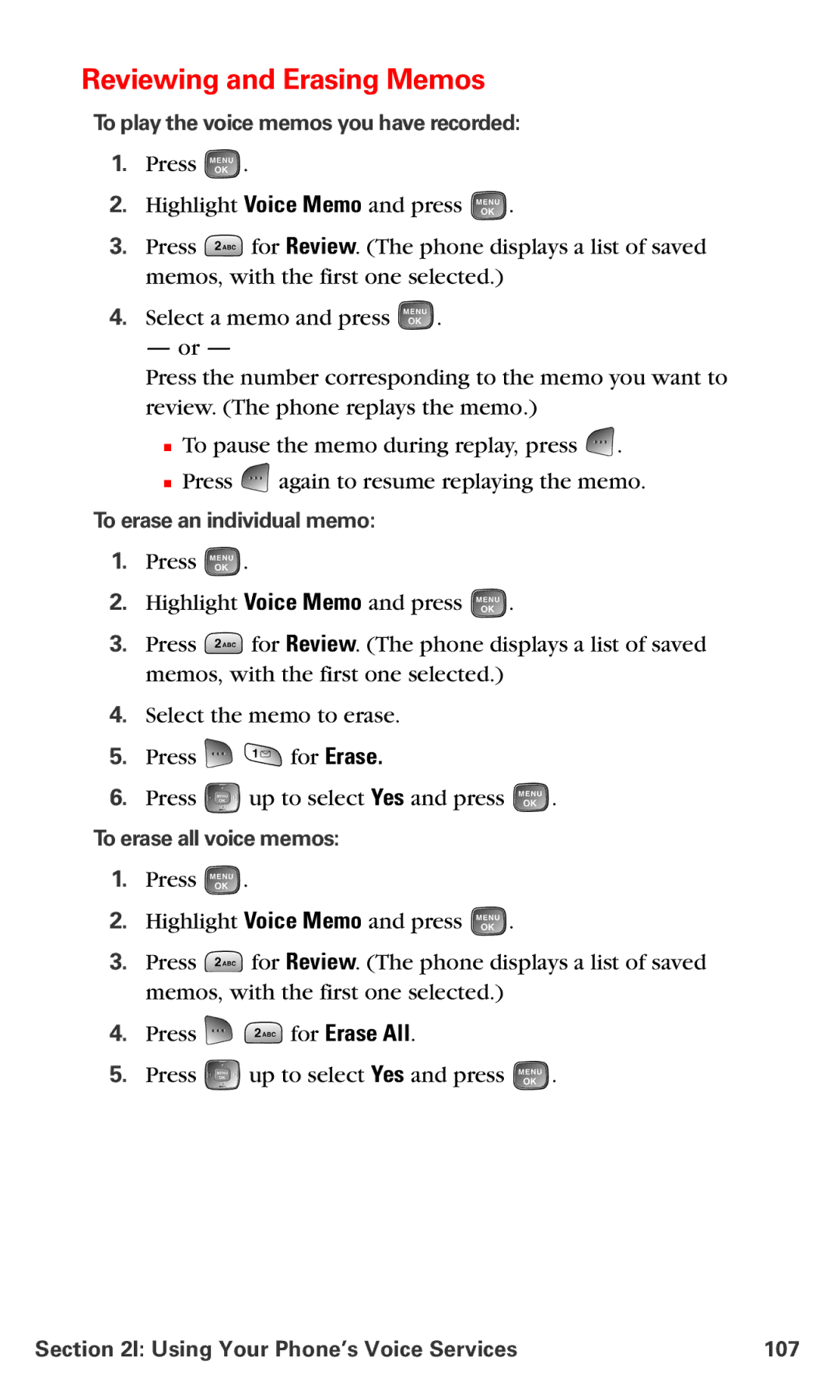 Samsung RL-A760 manual Reviewing and Erasing Memos, To play the voice memos you have recorded, To erase an individual memo 