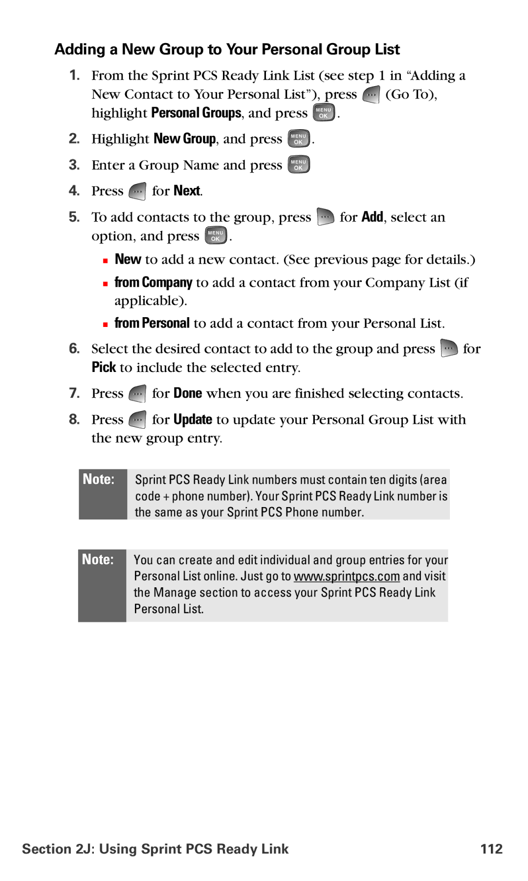 Samsung RL-A760 manual Adding a New Group to Your Personal Group List, Using Sprint PCS Ready Link 112 