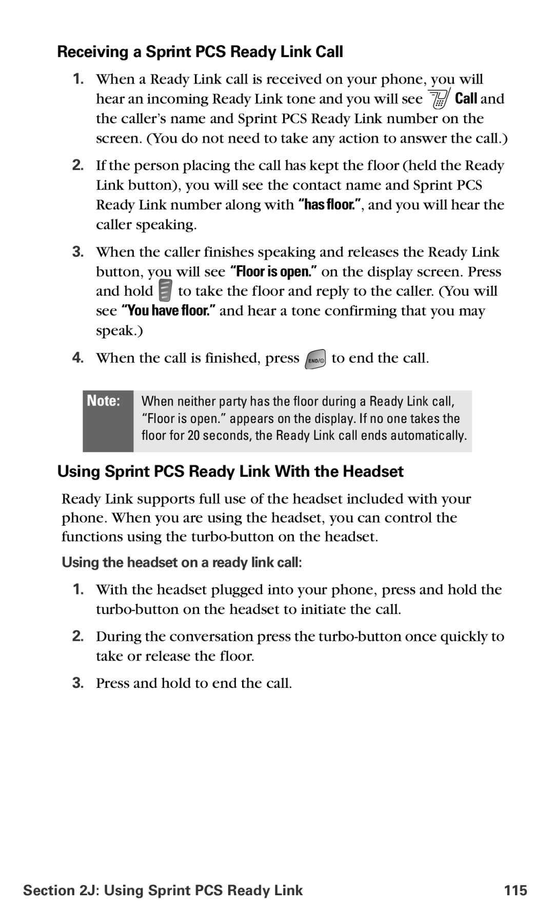 Samsung RL-A760 manual Receiving a Sprint PCS Ready Link Call, Using Sprint PCS Ready Link With the Headset 