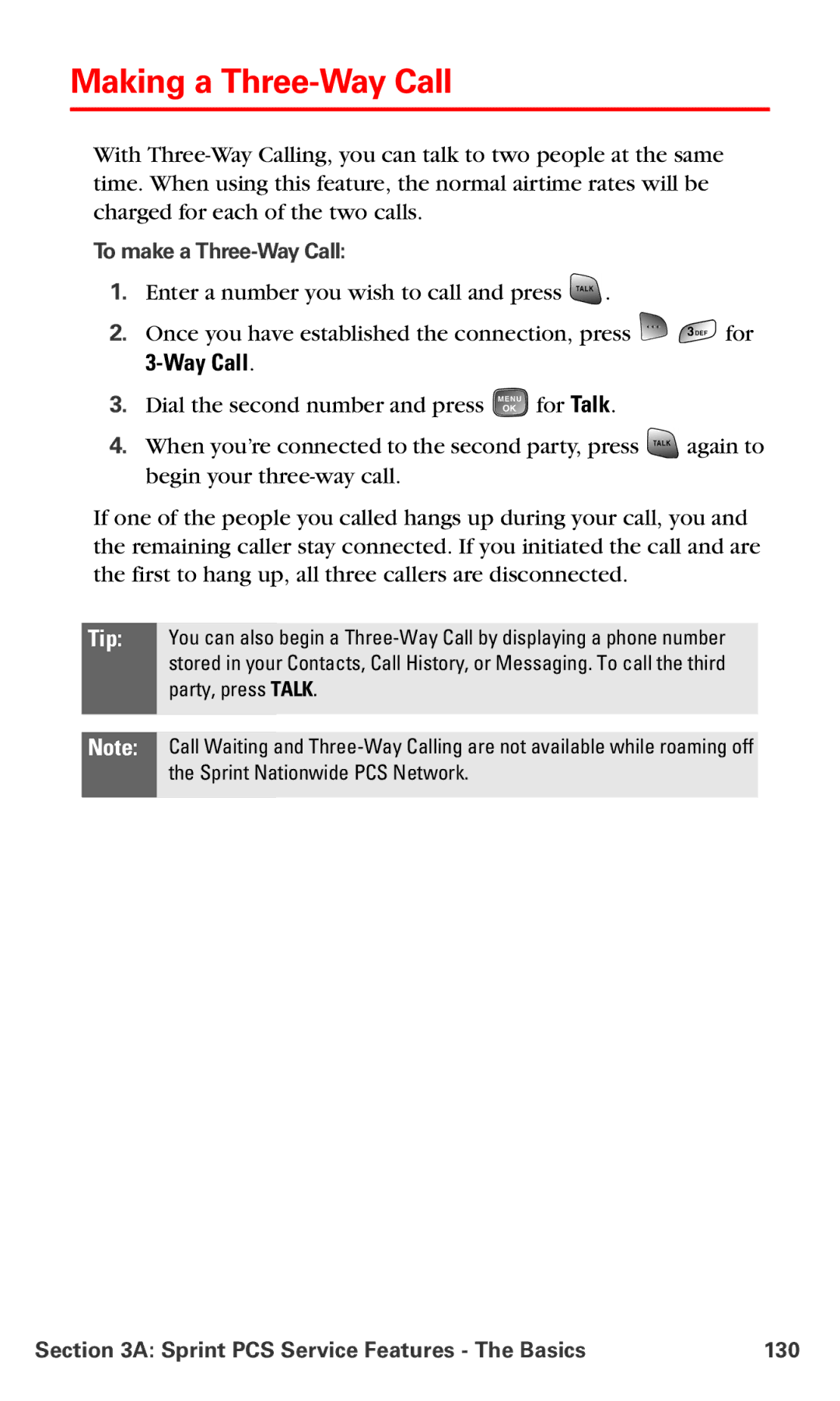 Samsung RL-A760 manual Making a Three-Way Call, To make a Three-Way Call, Sprint PCS Service Features The Basics 130 