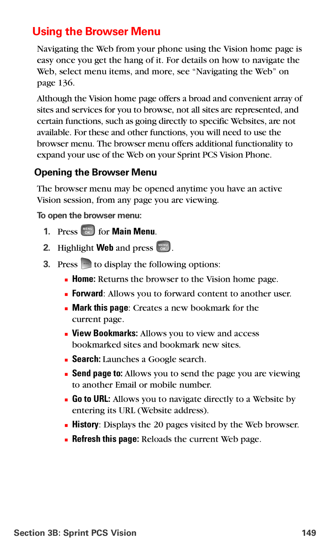 Samsung RL-A760 manual Using the Browser Menu, Opening the Browser Menu, To open the browser menu, Sprint PCS Vision 149 