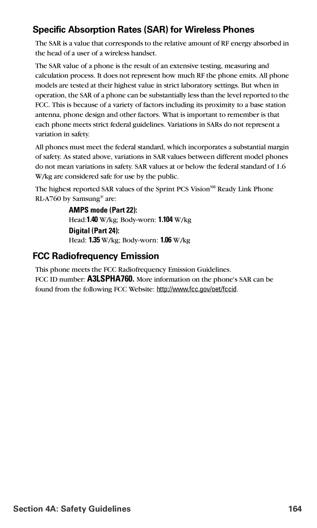 Samsung RL-A760 Specific Absorption Rates SAR for Wireless Phones, FCC Radiofrequency Emission, Safety Guidelines 164 