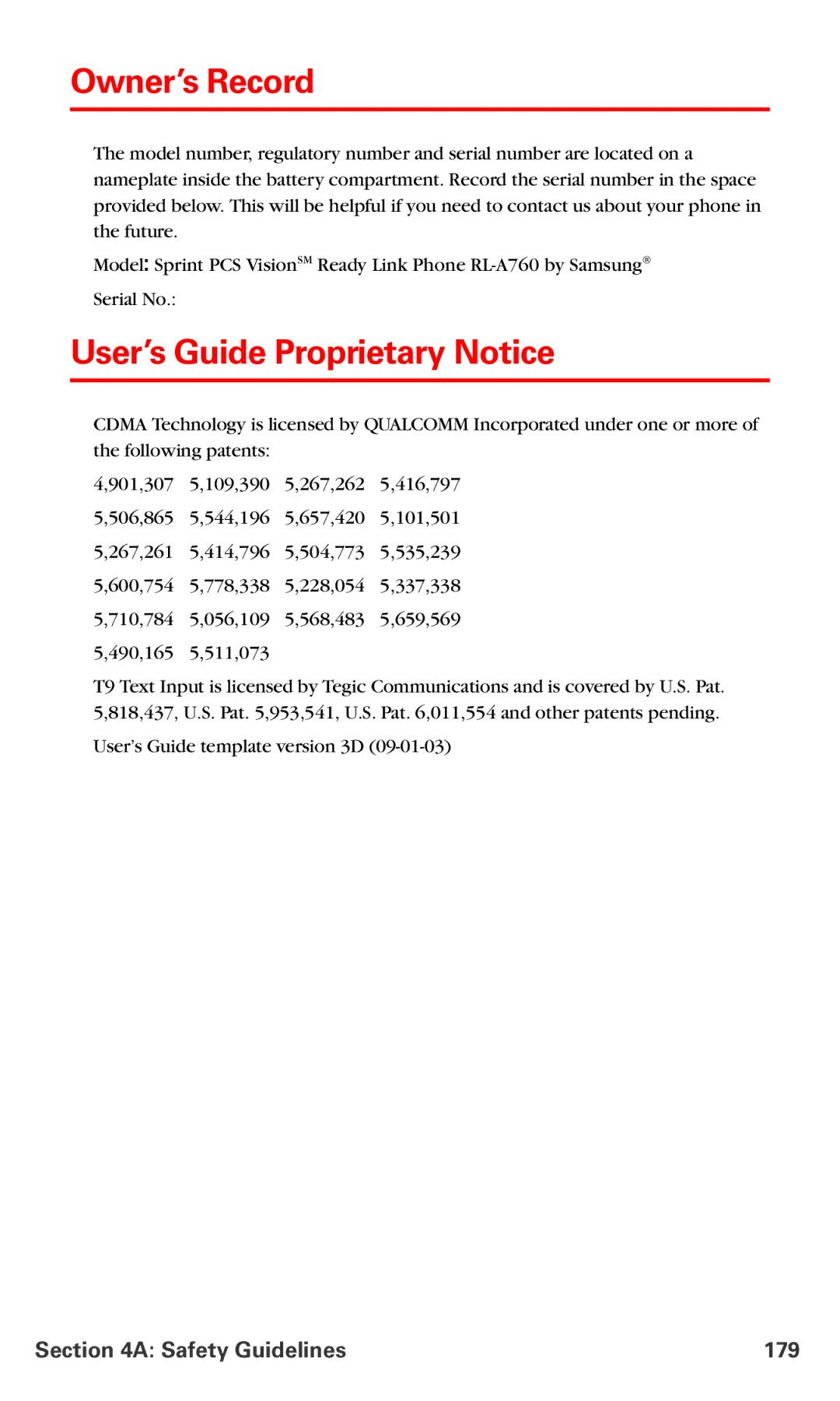 Samsung RL-A760 manual Owner’s Record, User’s Guide Proprietary Notice, Safety Guidelines 179 