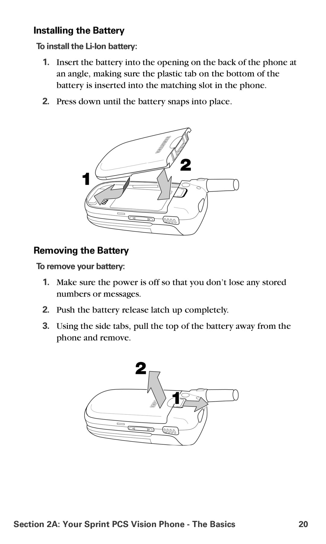 Samsung RL-A760 manual Installing the Battery, Removing the Battery, To install the Li-Ion battery, To remove your battery 