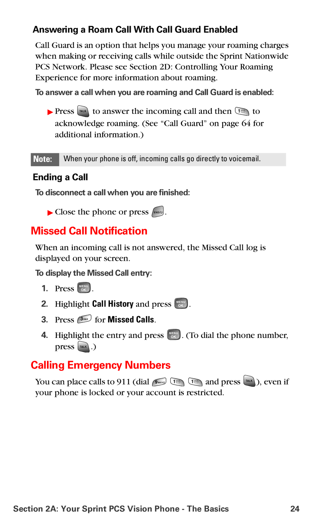 Samsung RL-A760 manual Missed Call Notification, Calling Emergency Numbers, Answering a Roam Call With Call Guard Enabled 