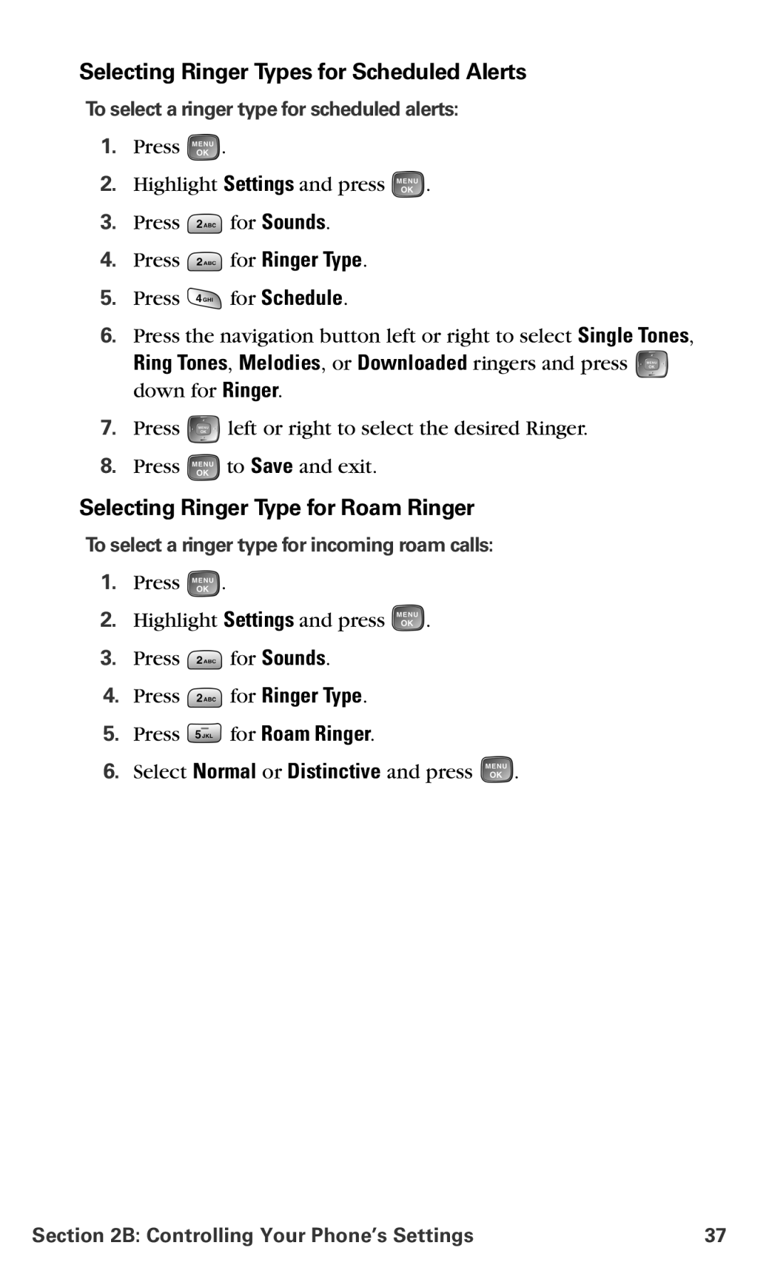 Samsung RL-A760 manual Selecting Ringer Types for Scheduled Alerts, Selecting Ringer Type for Roam Ringer 