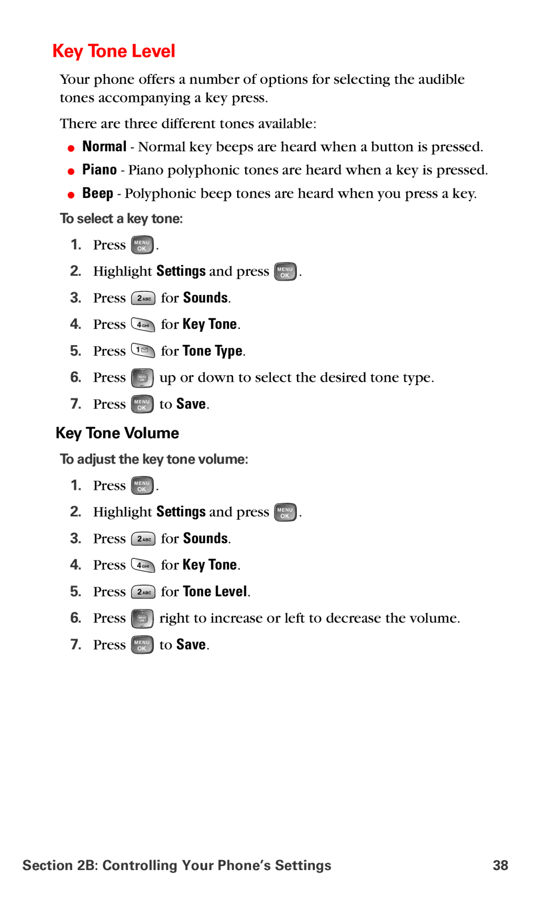 Samsung RL-A760 manual Key Tone Level, Key Tone Volume, To select a key tone, To adjust the key tone volume 