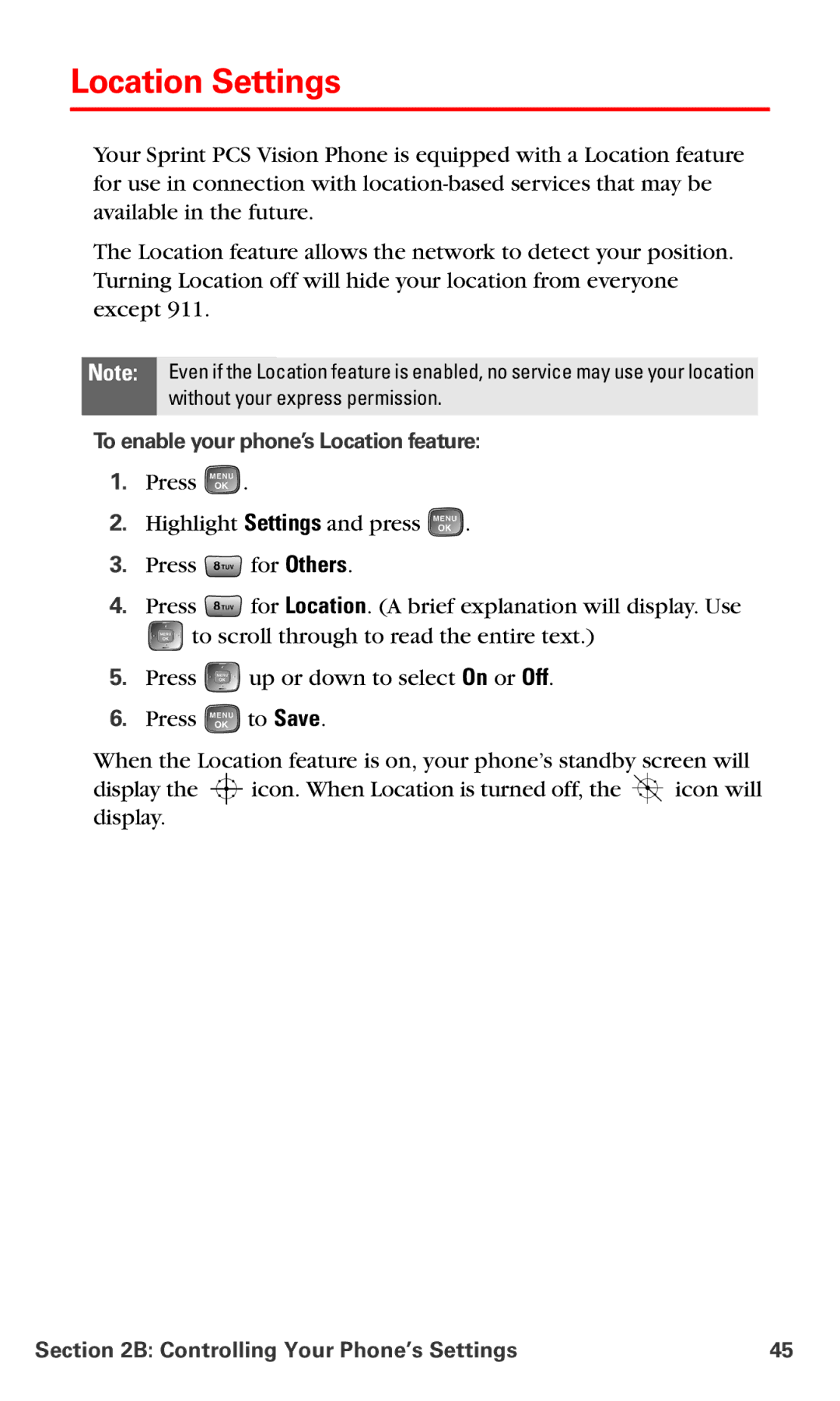 Samsung RL-A760 manual Location Settings, To enable your phone’s Location feature 