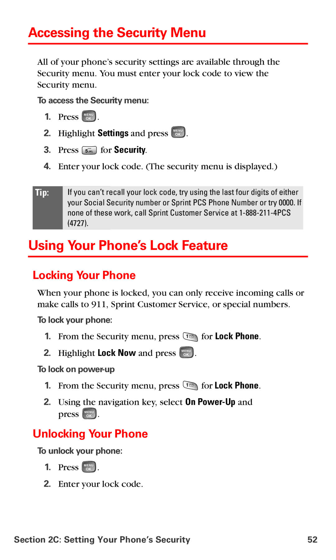 Samsung RL-A760 Accessing the Security Menu, Using Your Phone’s Lock Feature, Locking Your Phone, Unlocking Your Phone 