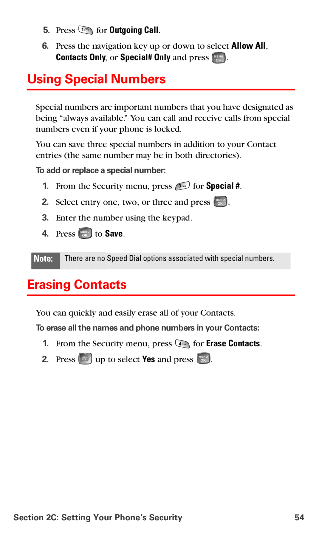 Samsung RL-A760 manual Using Special Numbers, Erasing Contacts, Press for Outgoing Call 