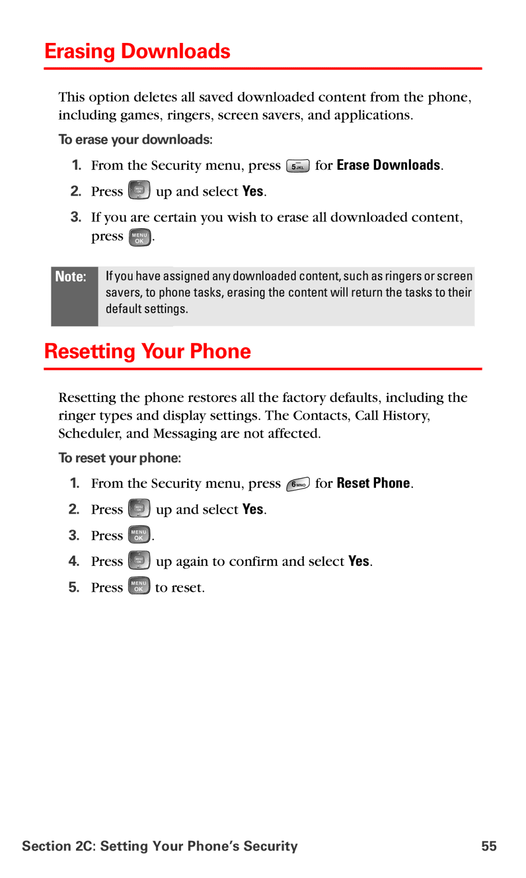 Samsung RL-A760 manual Erasing Downloads, Resetting Your Phone, To erase your downloads, To reset your phone 