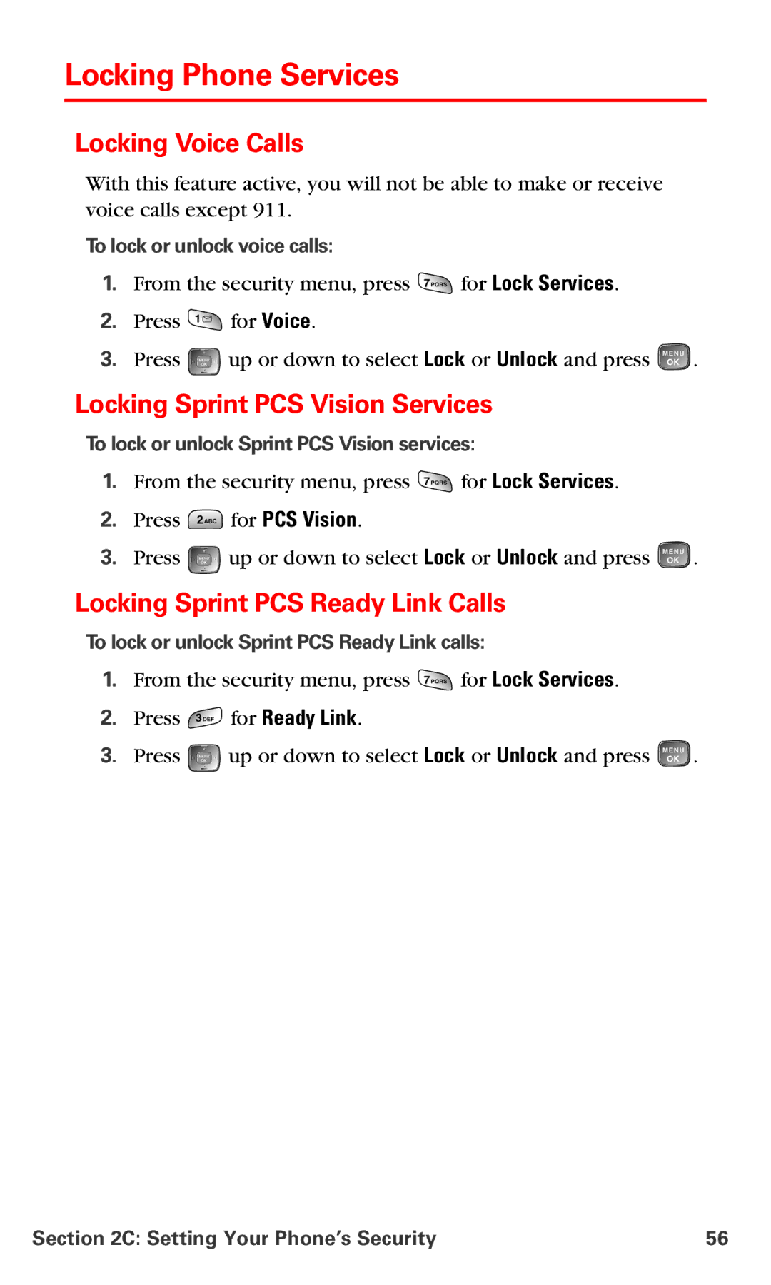 Samsung RL-A760 manual Locking Phone Services, Locking Voice Calls, Locking Sprint PCS Vision Services 