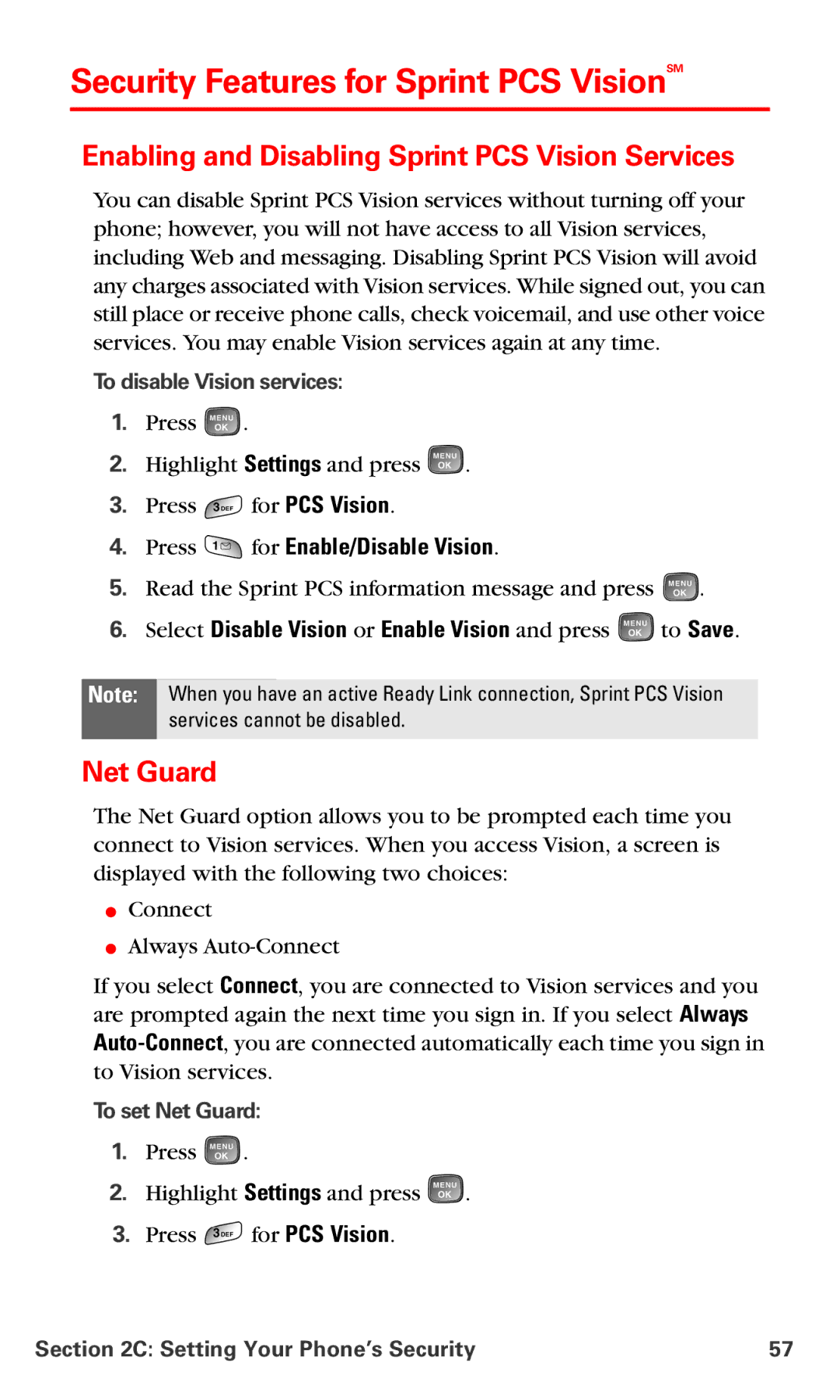 Samsung RL-A760 Security Features for Sprint PCS VisionSM, Enabling and Disabling Sprint PCS Vision Services, Net Guard 