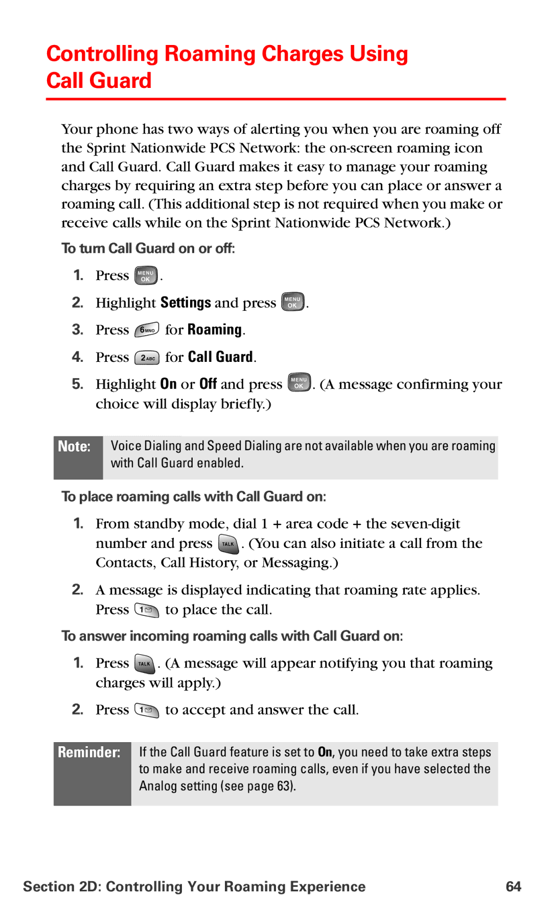 Samsung RL-A760 manual Controlling Roaming Charges Using Call Guard, To turn Call Guard on or off 