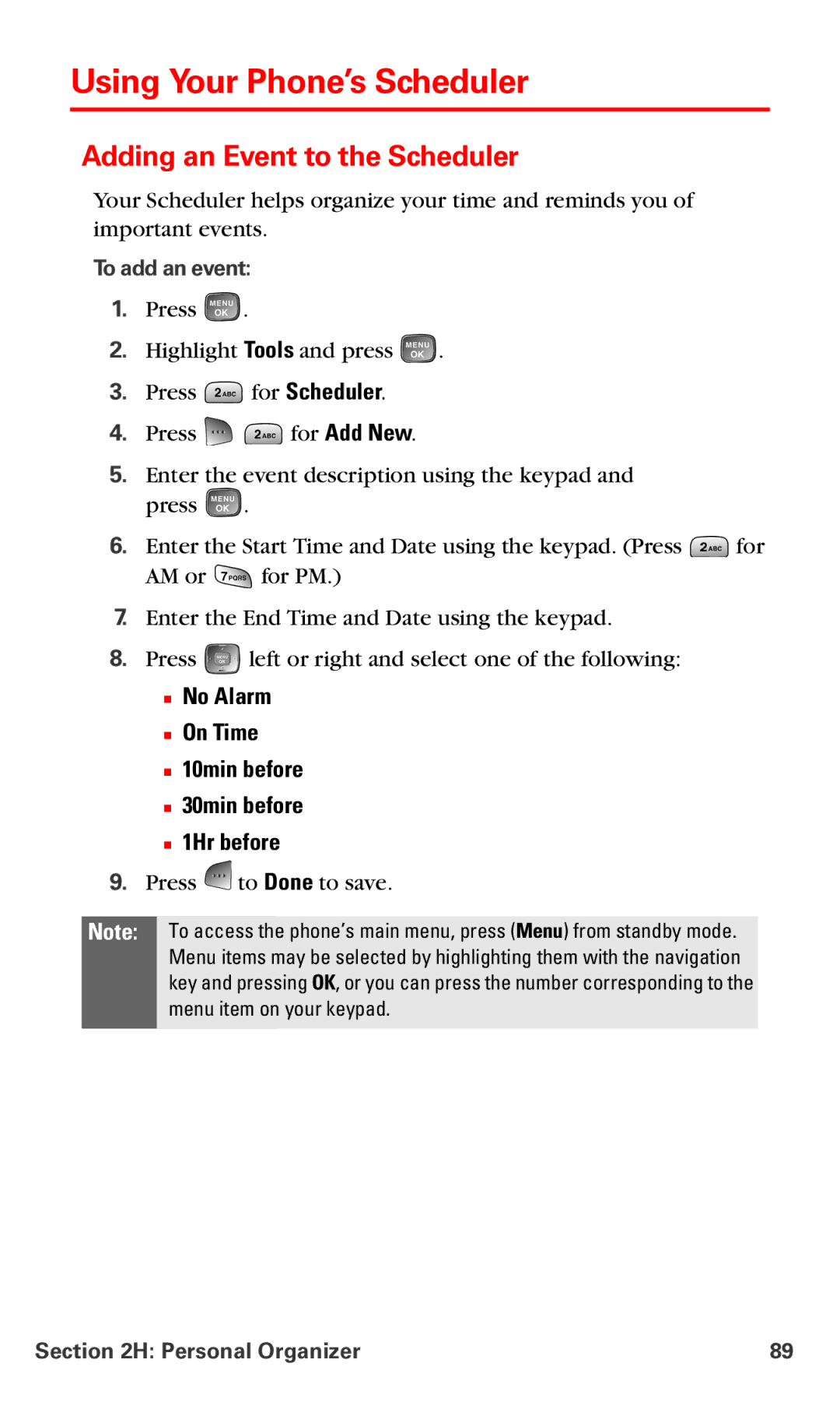 Samsung RL-A760 manual Using Your Phone’s Scheduler, Adding an Event to the Scheduler, To add an event 