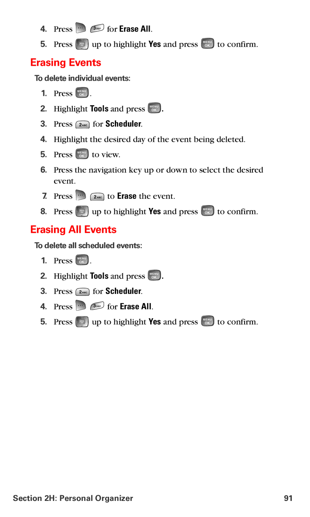 Samsung RL-A760 manual Erasing Events, Erasing All Events, To delete individual events, To delete all scheduled events 