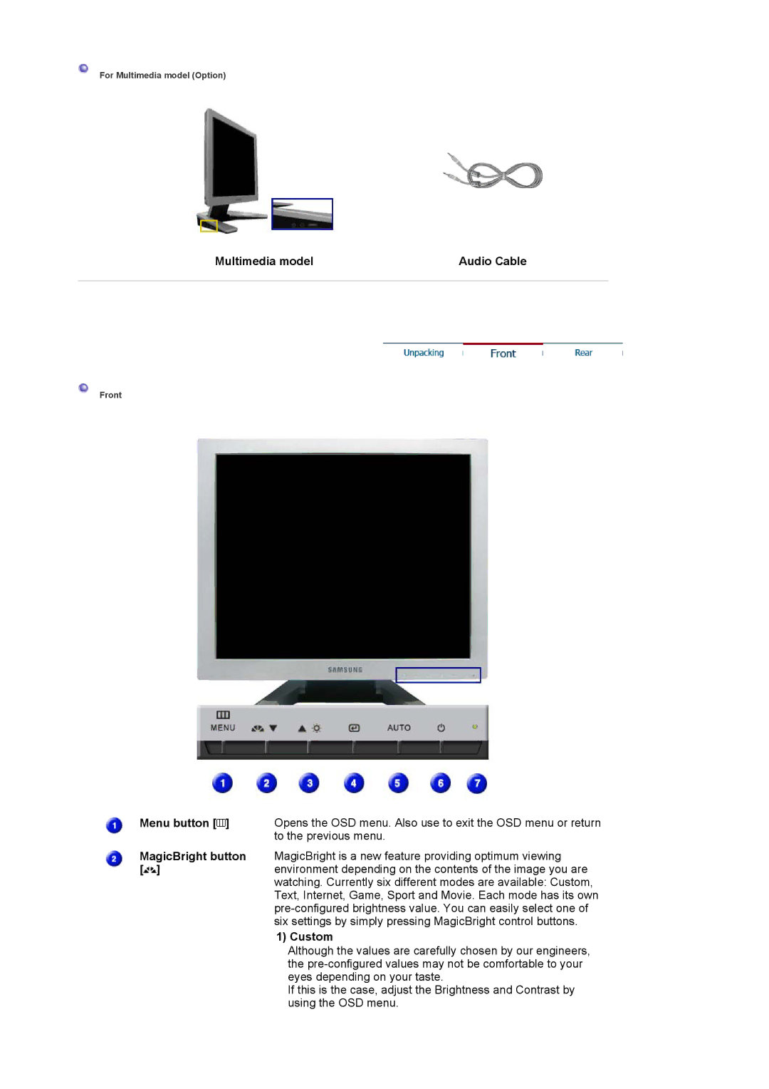 Samsung RL17ASUS/XSJ, RL19PSUSV/XSJ, RL19PSUSQ/EDC, RL17ASUS/EDC manual Multimedia model Audio Cable, Menu button, Custom 