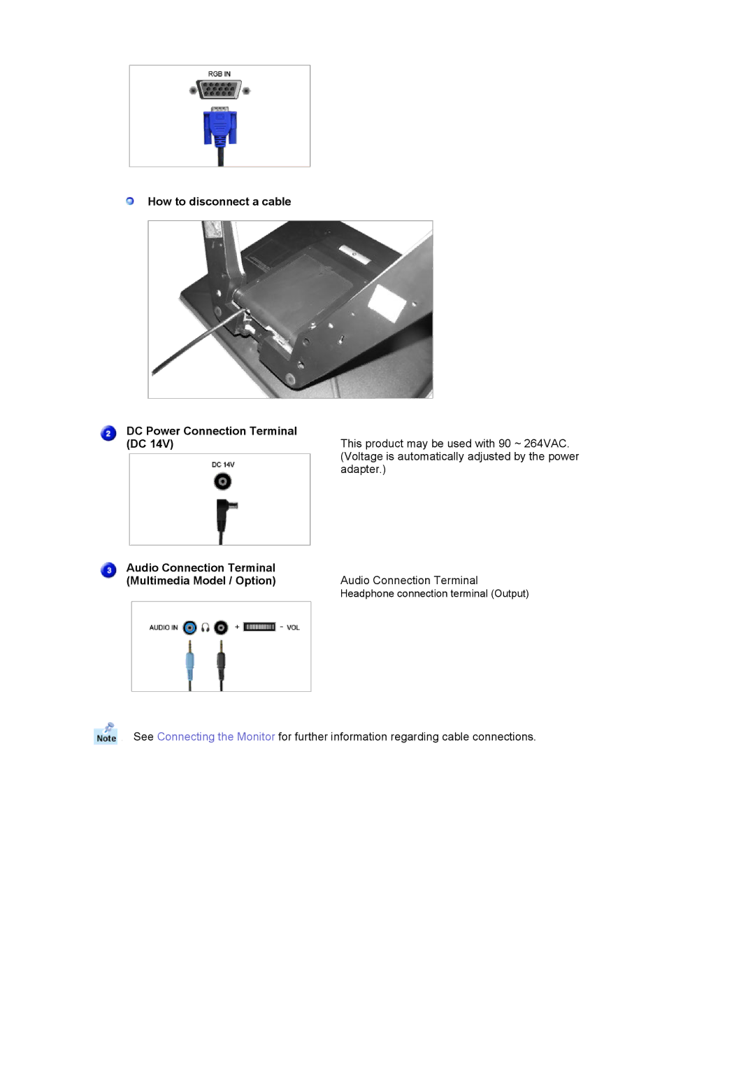 Samsung RL19PSUSQ/EDC, RL17ASUS/XSJ, RL19PSUSV/XSJ, RL17ASUS/EDC manual How to disconnect a cable DC Power Connection Terminal 