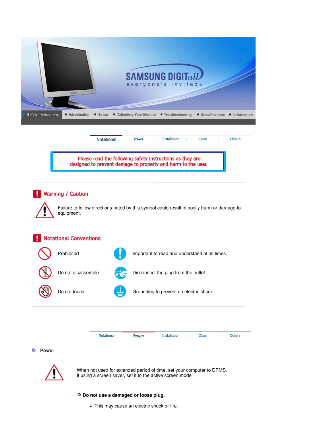 Samsung RL19PSUSQ/EDC, RL17ASUS/XSJ, RL19PSUSV/XSJ, RL17ASUS/EDC, RL17ASQS/EDC manual Power, Do not use a damaged or loose plug 