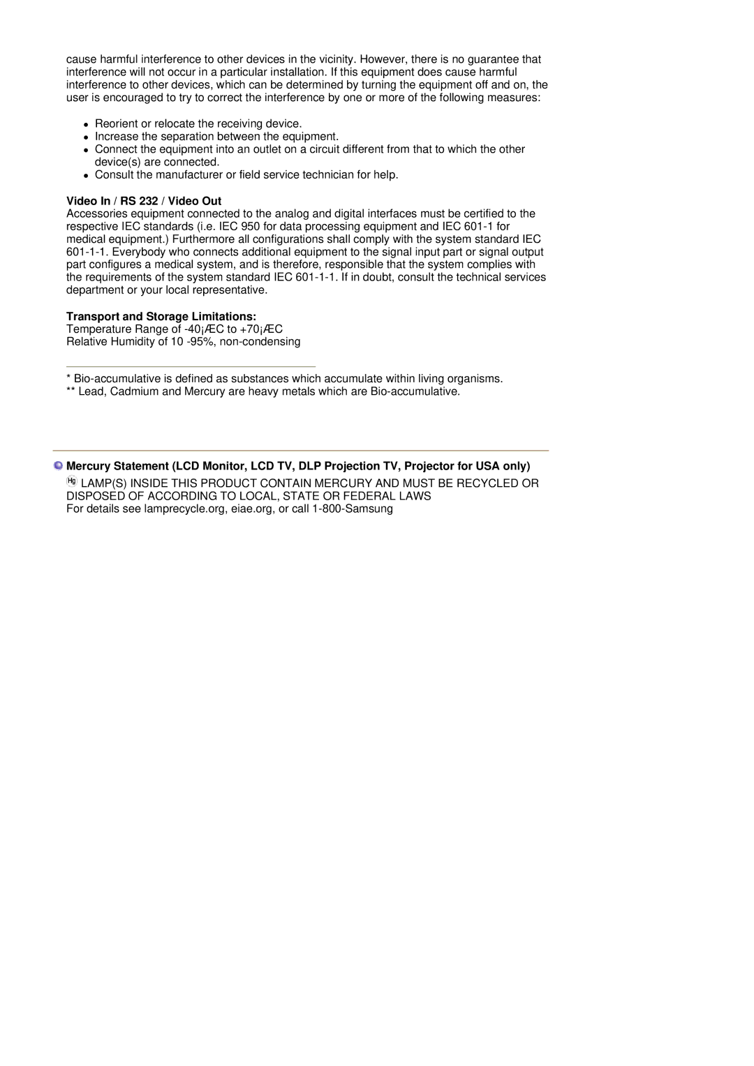 Samsung RL19PSQSQ/VNT, RL17ASUS/XSJ, RL19PSUSV/XSJ manual Video In / RS 232 / Video Out, Transport and Storage Limitations 