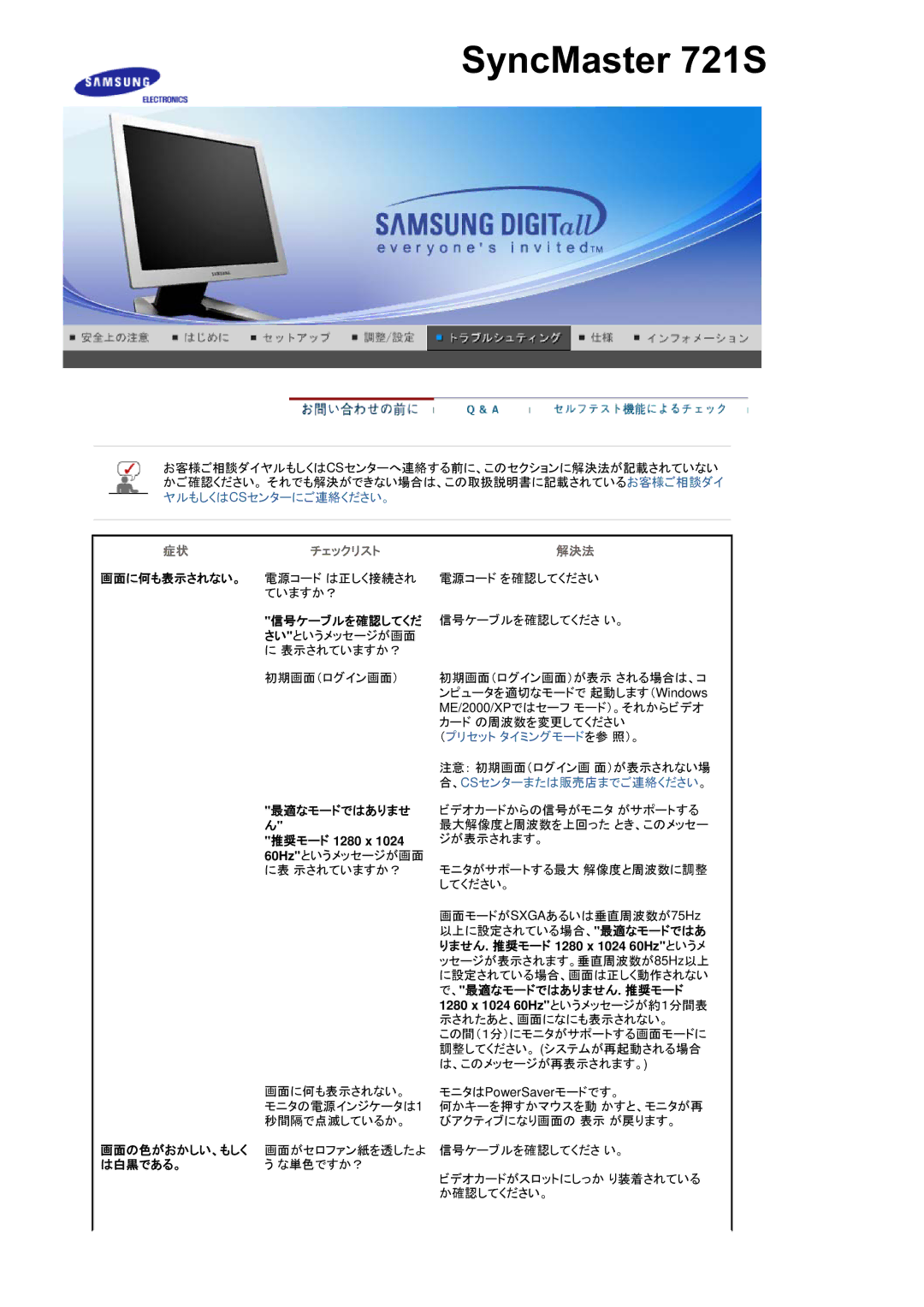 Samsung RL17ASUS/XSJ manual 画面に何も表示されない。, 信号ケーブルを確認してくだ, 、 最適なモードではありません . 推奨モード, 画面の色がおかしい、もしく, は白黒である。 