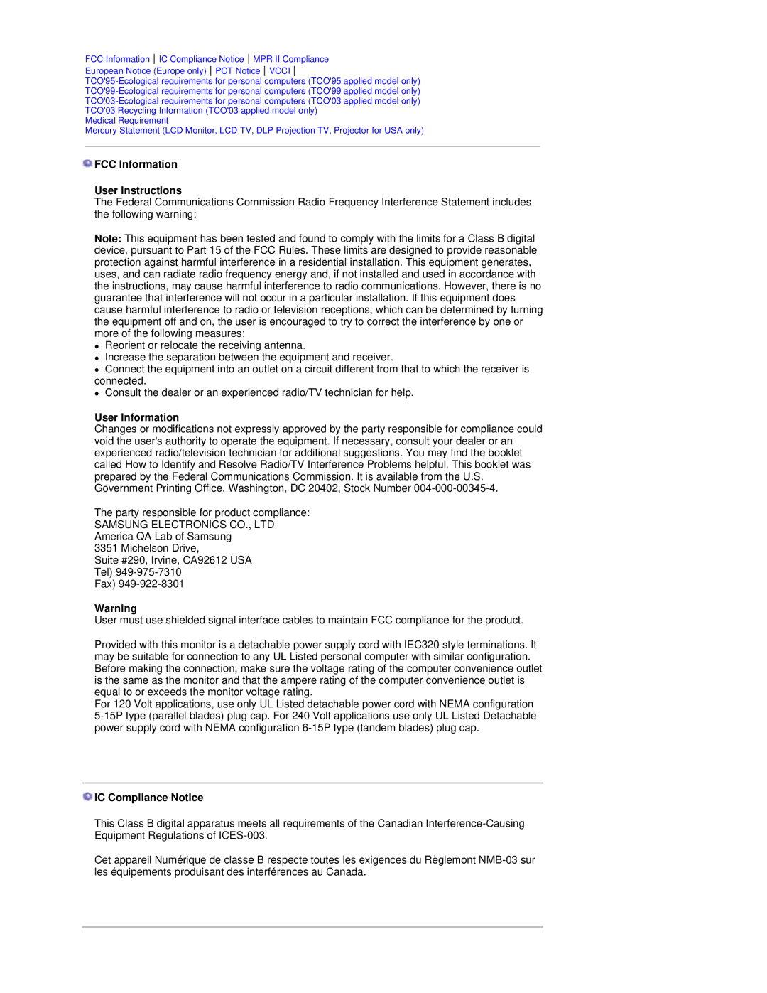 Samsung RL17ESQSB/EDC manual FCC Information User Instructions, User Information, IC Compliance Notice 