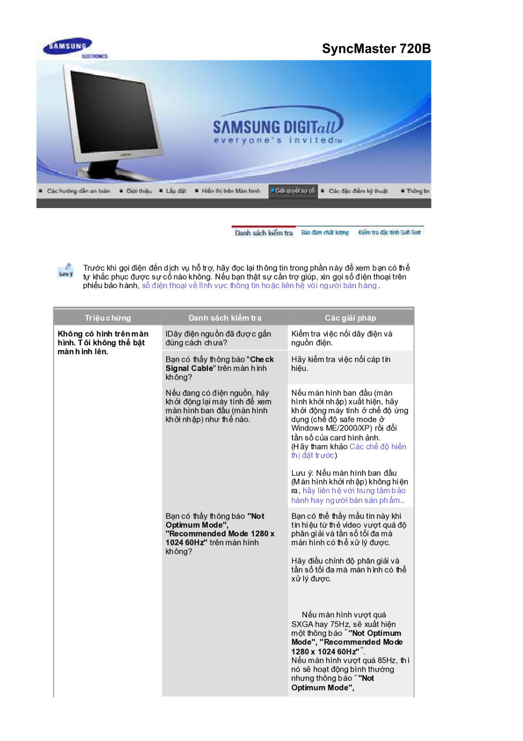 Samsung RL17PSQSQ/VNT manual TriӋu chӭng, Danh sách kiӇm tra, Các giҧi pháp, Mode, Recommended Mode 1280 x 1024 60Hzˉ 