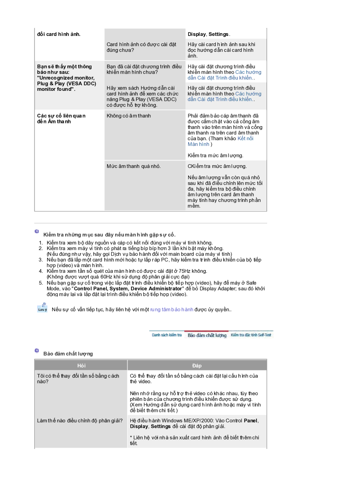 Samsung RL17PSQSQ/VNT Display, Settings, KiӇm tra nhӳng mөc sau ÿây nӃu màn h ình gһp sӵ cӕ, Bҧo ÿҧm chҩt lѭӧng, Hӓi Ĉáp 