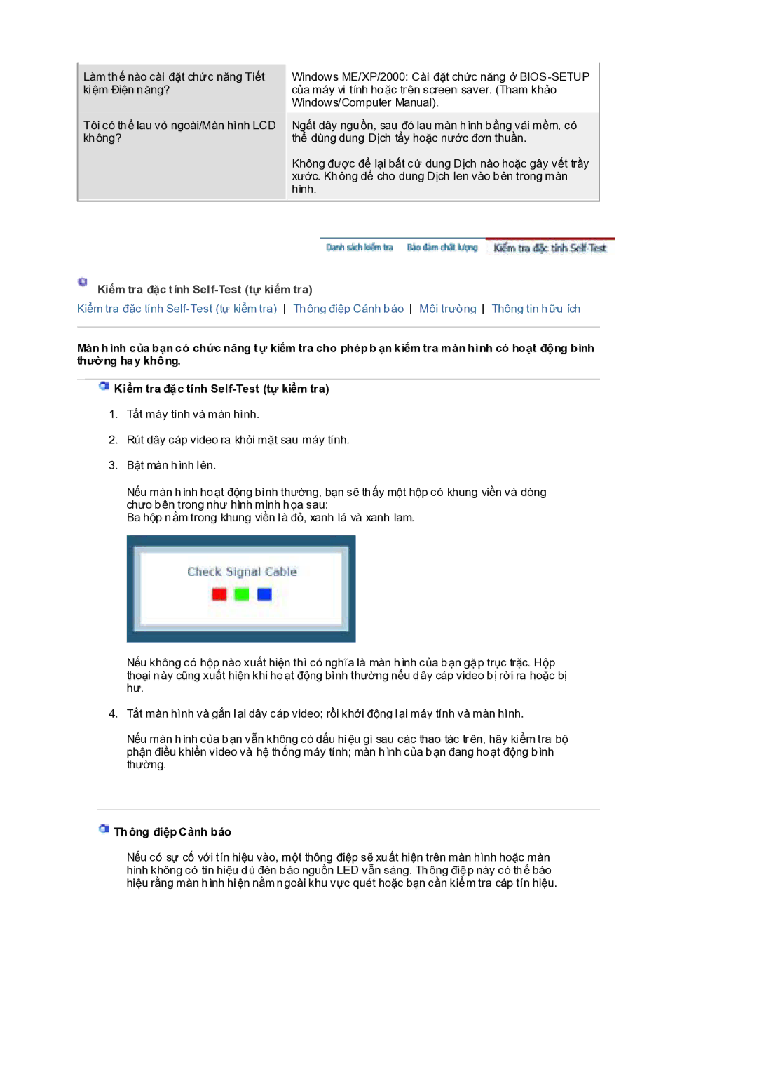 Samsung RL19PSQSQ/VNT, RL17PSQSQ/VNT manual KiӇm tra ÿһc tính Self-Test tӵ kiӇm tra, Th ông ÿiӋp Cҧnh báo 