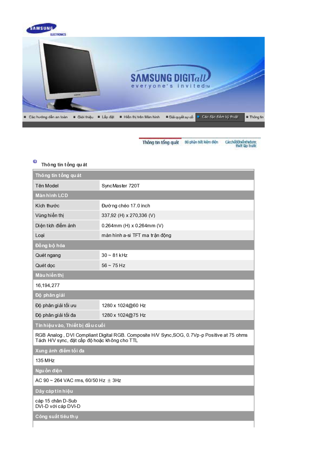 Samsung RL19PSQSQ/VNT, RL17PSQSQ/VNT manual Tên Model SyncMaster 720T 