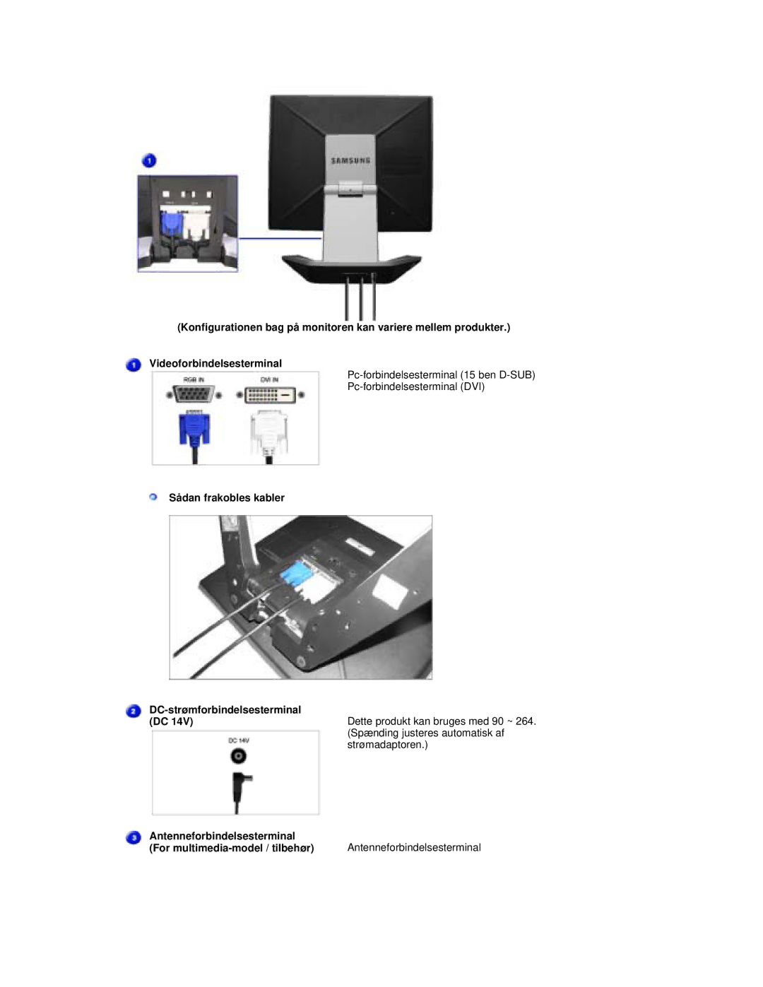 Samsung RL17PSUSQ/EDC, RL19PSUSQ/EDC, RL17ESQSB/EDC, RL17ESUSB/EDC manual Sådan frakobles kabler DC-strømforbindelsesterminal 